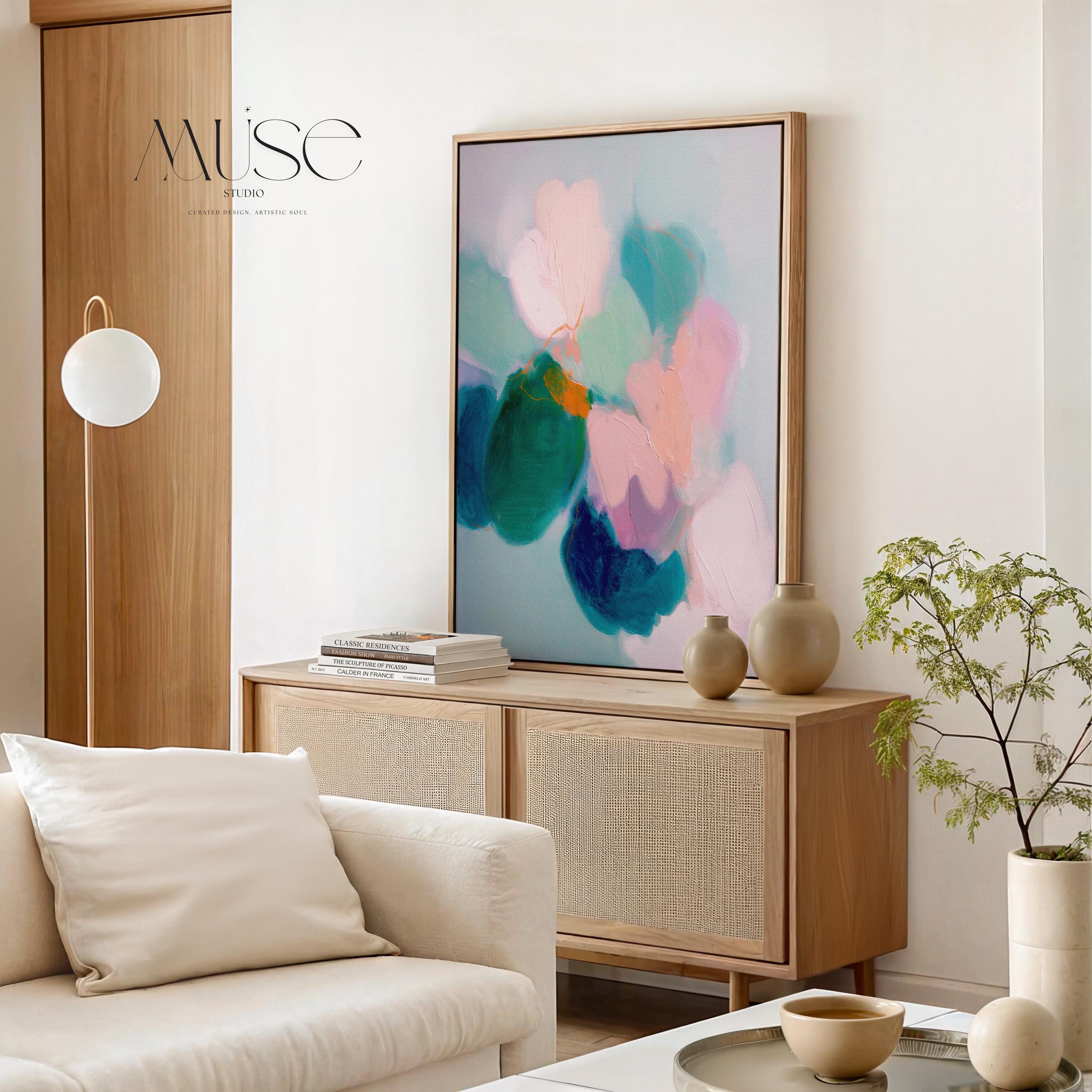 Spring Sonata No. 001 by Muse Studio & Co. pink teal pastel abstract floral canvas wall art printed with museum-grade giclée inks on premium gallery-wrapped artist canvas, soft contemporary artwork styled above a linen bed in a serene bedroom with custom float frame options in natural, white, black, antique gold or antique silver.
