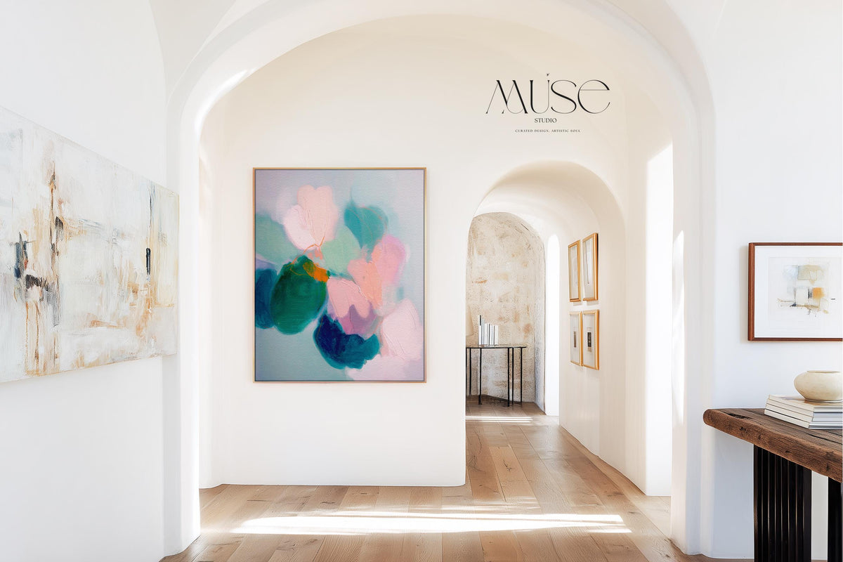 Aurora Muse 001 by Muse Studio — large vertical colorful abstract floral wall art in pink and teal tones on premium gallery-wrapped artist canvas with museum-grade giclée inks, finished in custom wood float frames in natural, white, black, antique gold, or silver for romantic botanical bedrooms and modern preppy interiors.