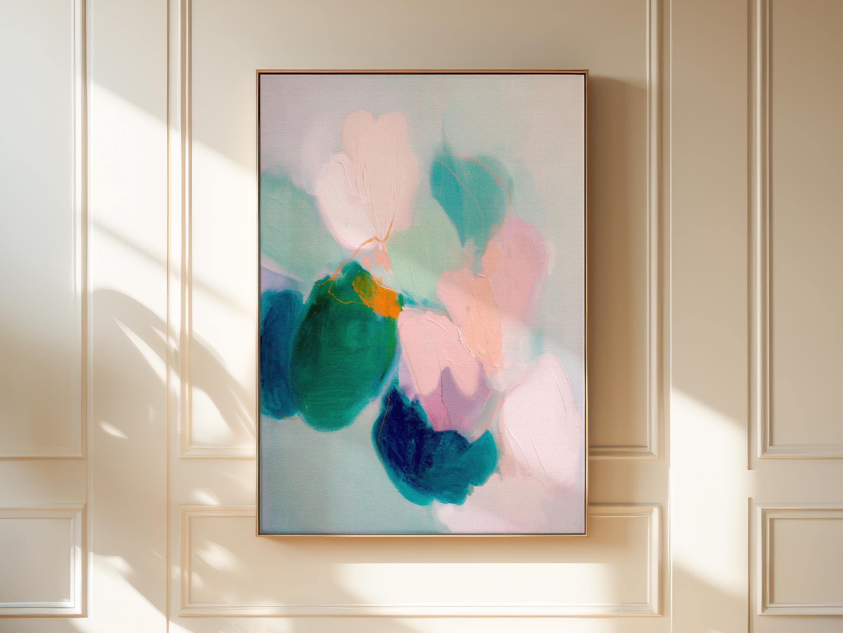 Aurora Muse 001 by Muse Studio — large vertical colorful abstract floral wall art in pink and teal tones on premium gallery-wrapped artist canvas with museum-grade giclée inks, finished in custom wood float frames in natural, white, black, antique gold, or silver for romantic botanical bedrooms and modern preppy interiors.