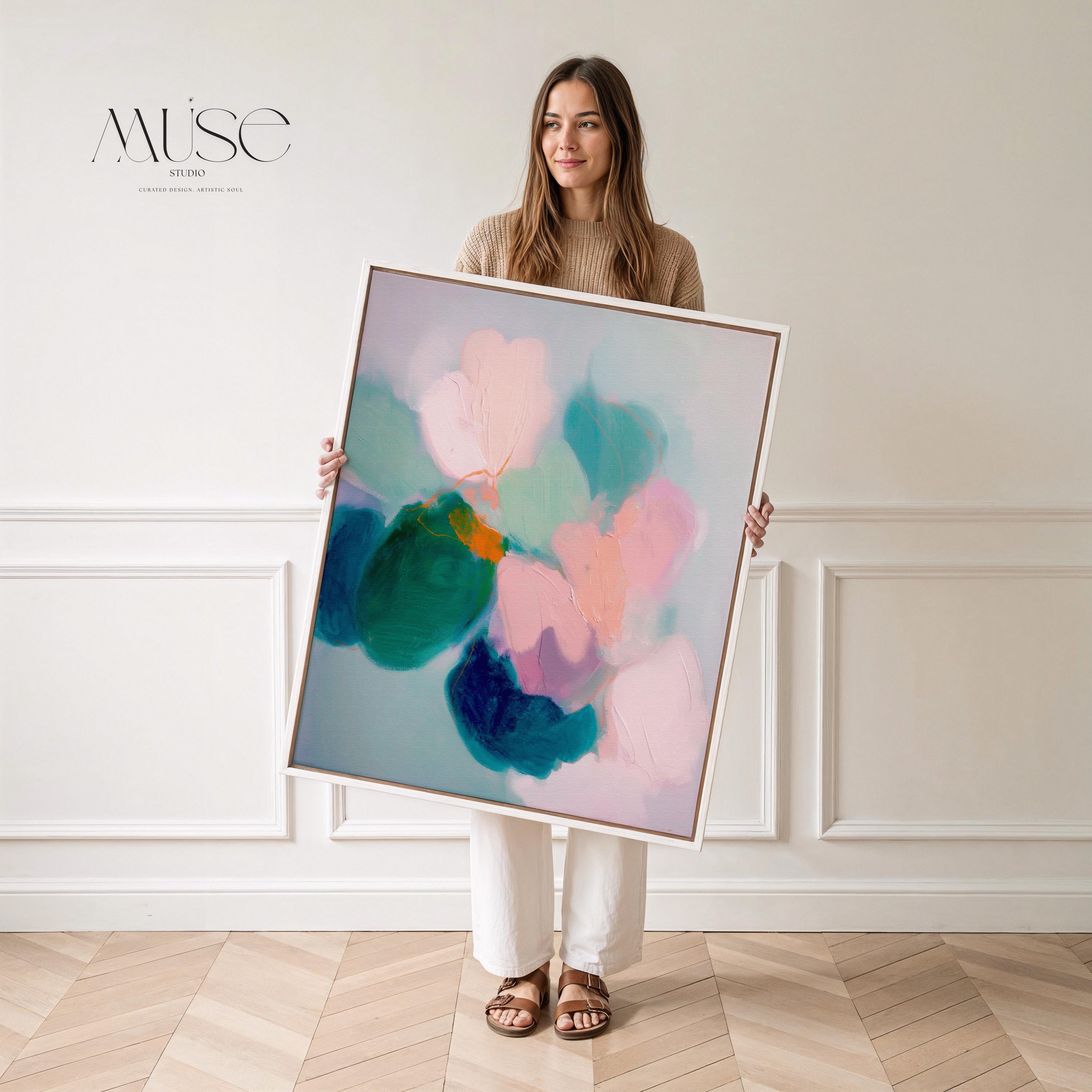 Aurora Muse 001 by Muse Studio — large vertical colorful abstract floral wall art in pink and teal tones on premium gallery-wrapped artist canvas with museum-grade giclée inks, finished in custom wood float frames in natural, white, black, antique gold, or silver for romantic botanical bedrooms and modern preppy interiors.