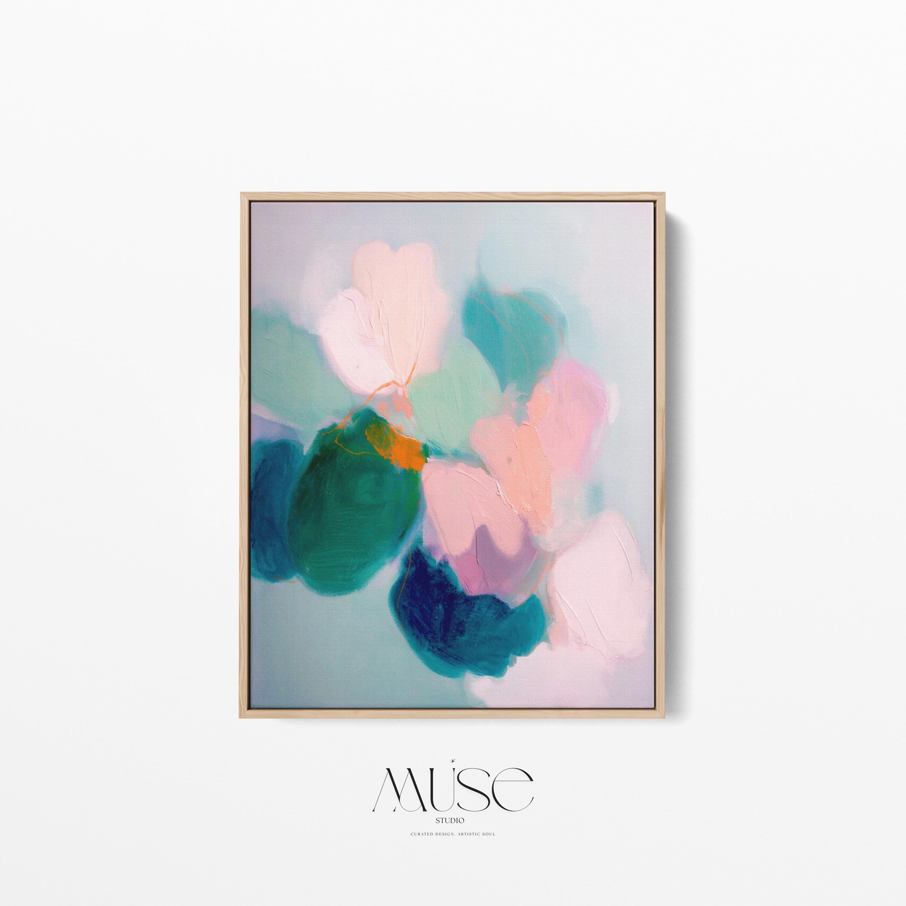 Aurora Muse 001 by Muse Studio — large vertical colorful abstract floral wall art in pink and teal tones on premium gallery-wrapped artist canvas with museum-grade giclée inks, finished in custom wood float frames in natural, white, black, antique gold, or silver for romantic botanical bedrooms and modern preppy interiors.