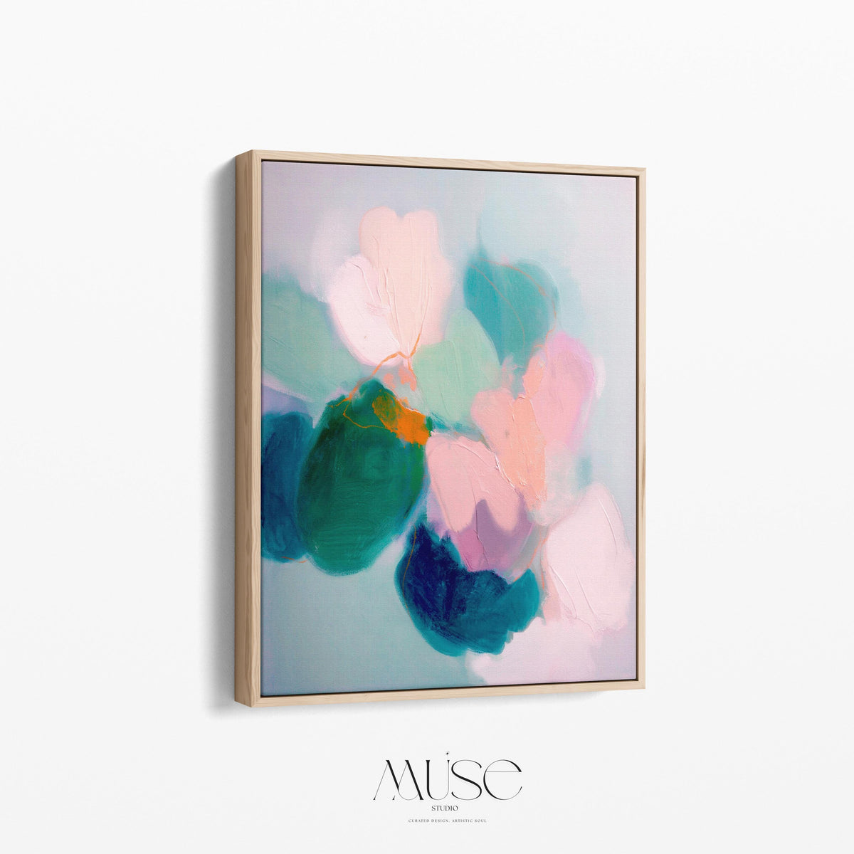 Aurora Muse 001 by Muse Studio — large vertical colorful abstract floral wall art in pink and teal tones on premium gallery-wrapped artist canvas with museum-grade giclée inks, finished in custom wood float frames in natural, white, black, antique gold, or silver for romantic botanical bedrooms and modern preppy interiors.