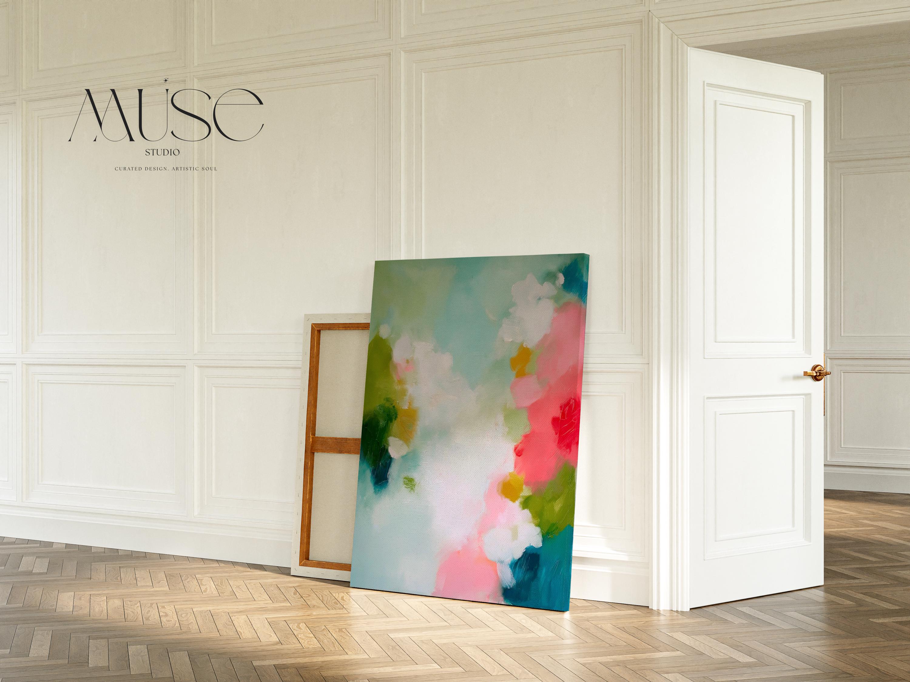 Muse Studio large vertical framed abstract wall art printed with museum-grade giclée inks on premium gallery-wrapped canvas, featuring vibrant pink, aqua, and green floral tones in a Color Pop Eclectic style, styled above a bed in a preppy dorm room.
