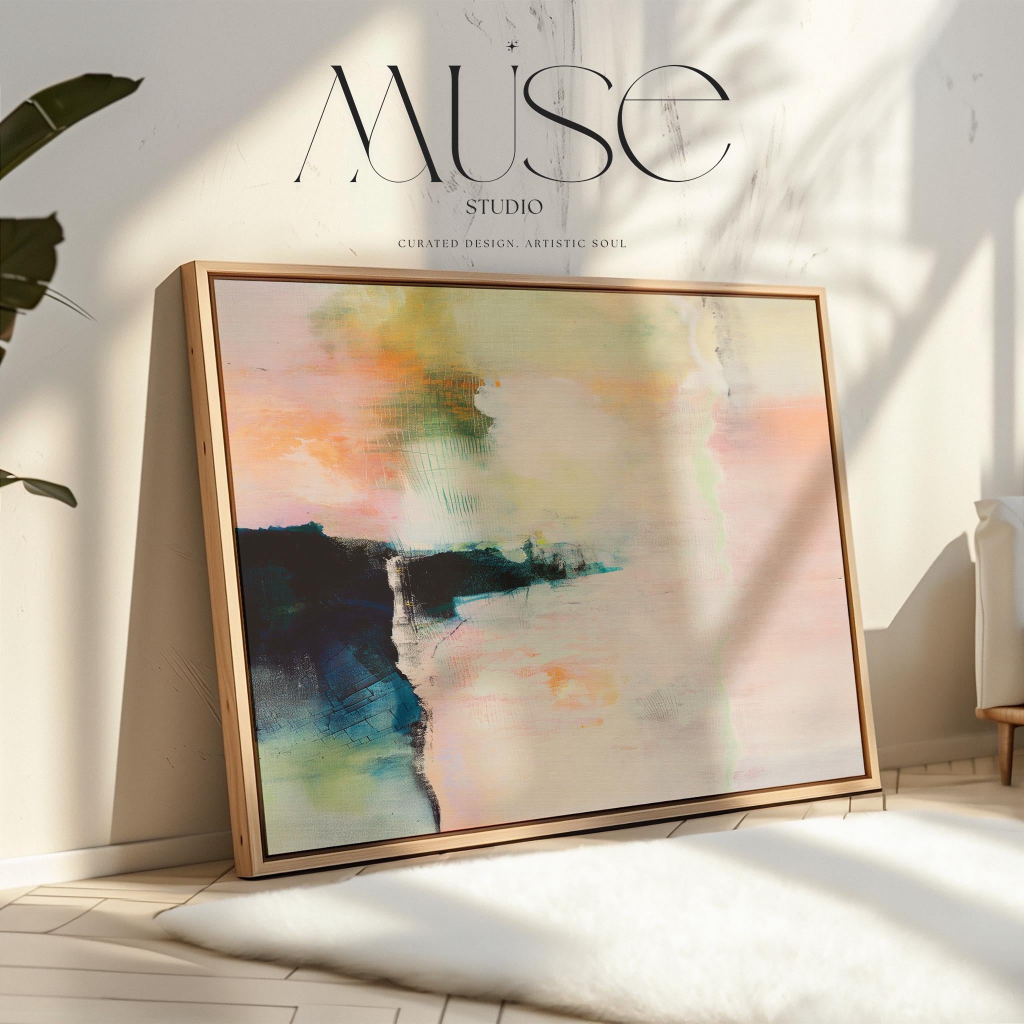 Summer Veil No. 308 by Muse Studio & Co. peach blush teal pastel abstract wall art printed with museum-grade giclée inks on premium gallery-wrapped artist canvas and framed in a custom wood float frame in natural, white, black, antique gold, or antique silver, styled above a warm minimal living room sofa.