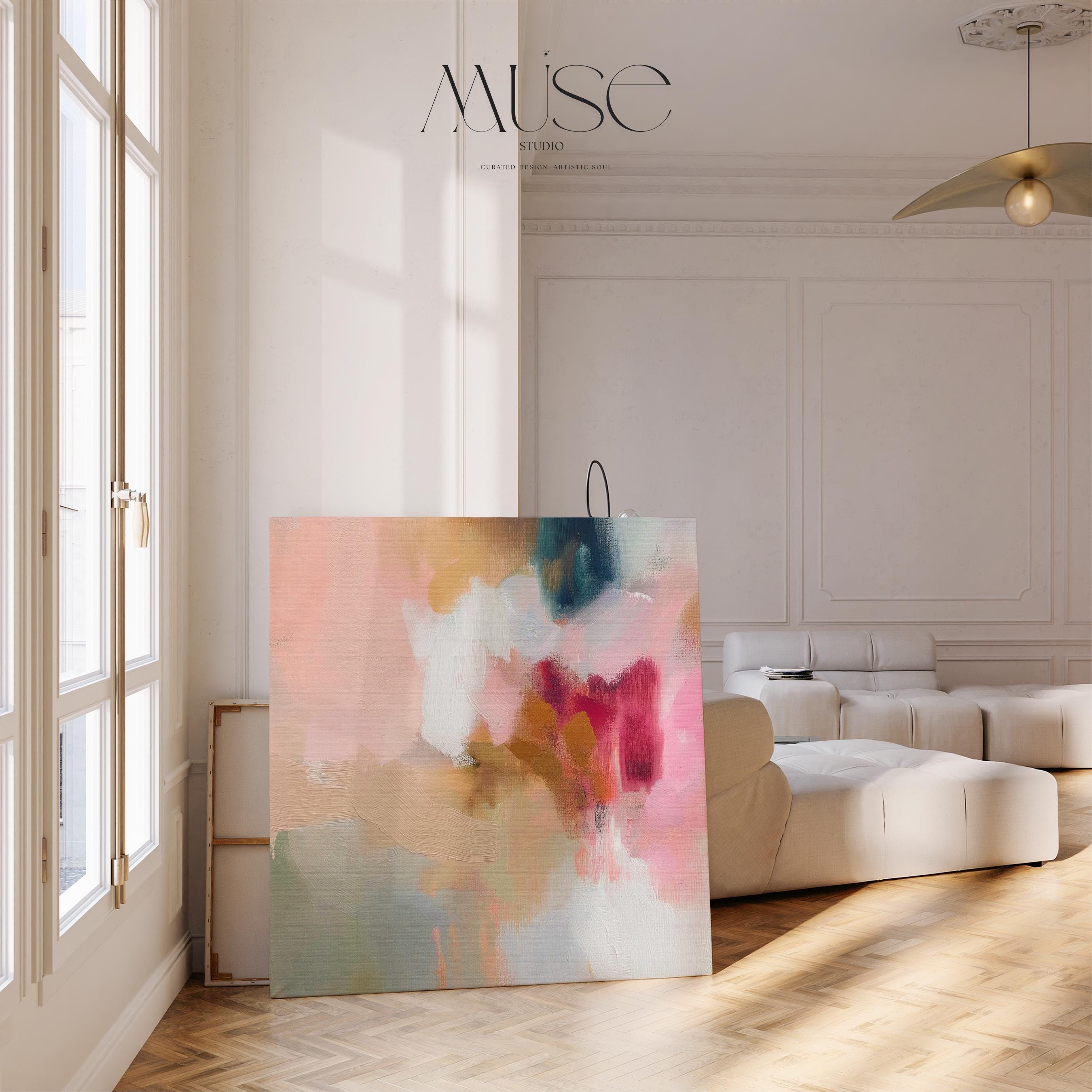 Large square canvas wall art featuring a blend of blush pink, coral, taupe, and teal abstract brushstrokes. The soft composition and painterly texture create a calm, refined look perfect for Soft Contemporary or Warm Neutral interiors. Available as an unframed or framed cotton canvas print.