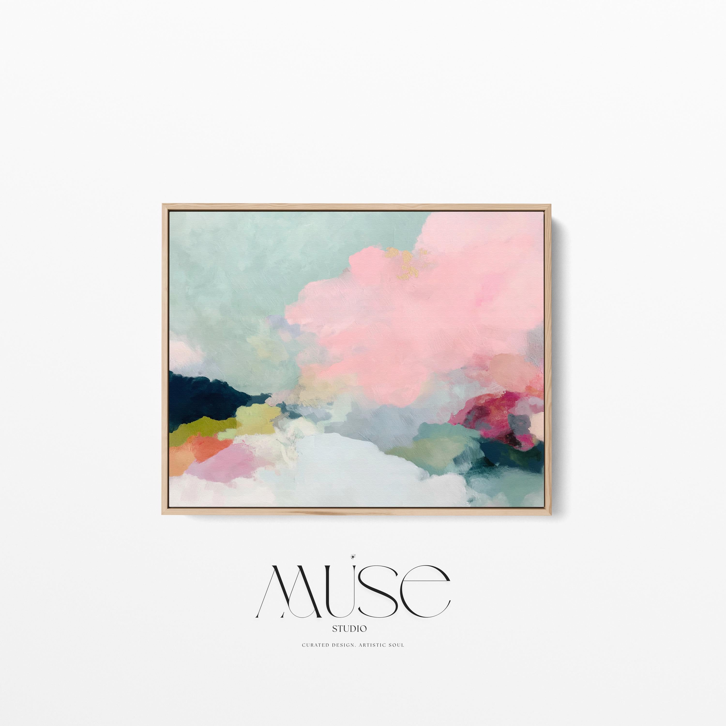 Spring Dawn No. 1059 by Muse Studio & Co. blush pink, mint green, navy, coral, and soft butter yellow abstract wall art printed with museum-grade giclée inks on premium gallery-wrapped artist canvas and custom framed in premium wood float frame options including natural, white, black, antique gold, and antique silver, styled above a neutral sofa in a calm designer living room.