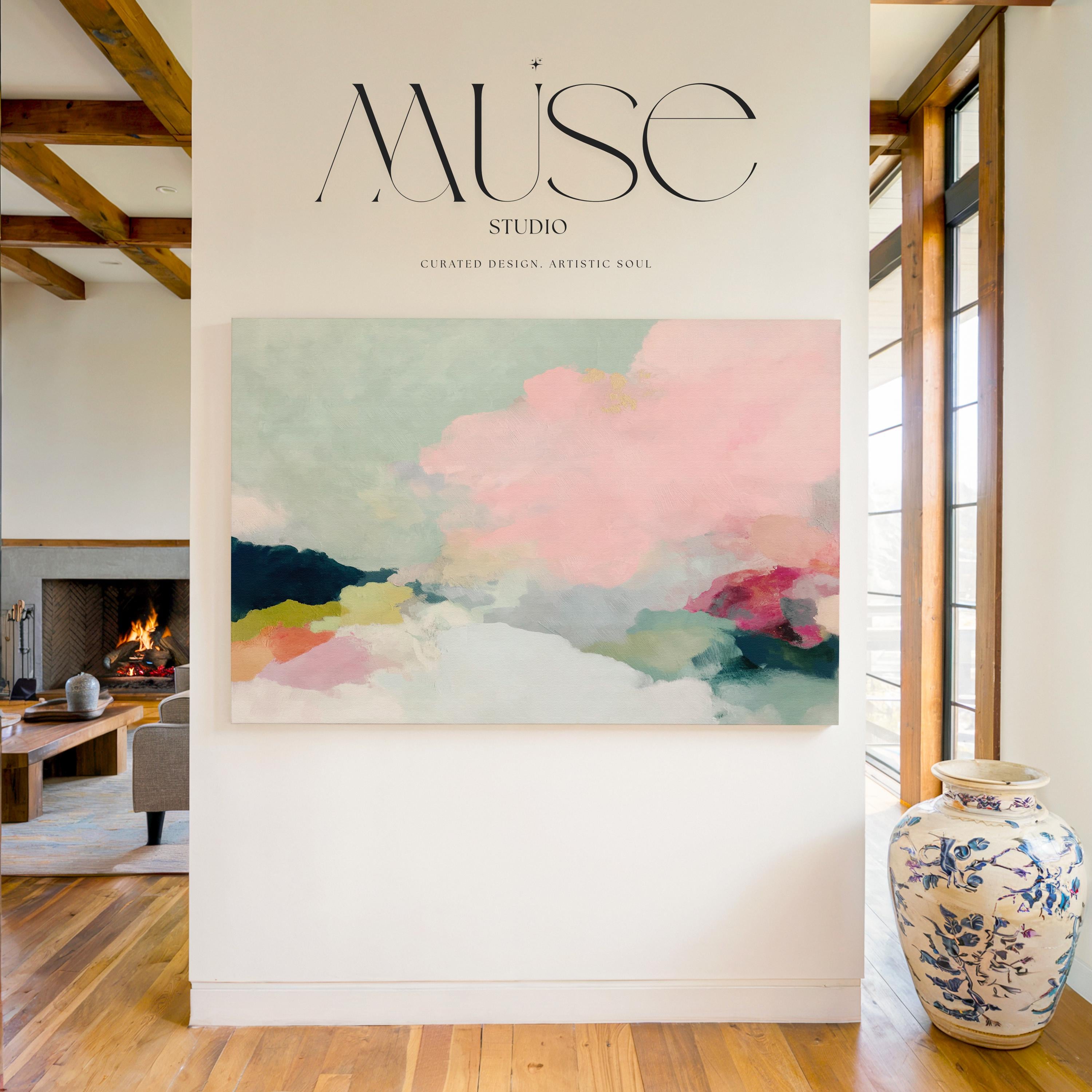 Spring Dawn No. 1059 by Muse Studio & Co. pink clouds abstract canvas wall art featuring blush pink, mint green, navy, coral, and soft butter yellow pastel colors printed with museum-grade giclée inks on premium gallery-wrapped artist canvas, styled above a neutral sofa in a calm designer living room interior.