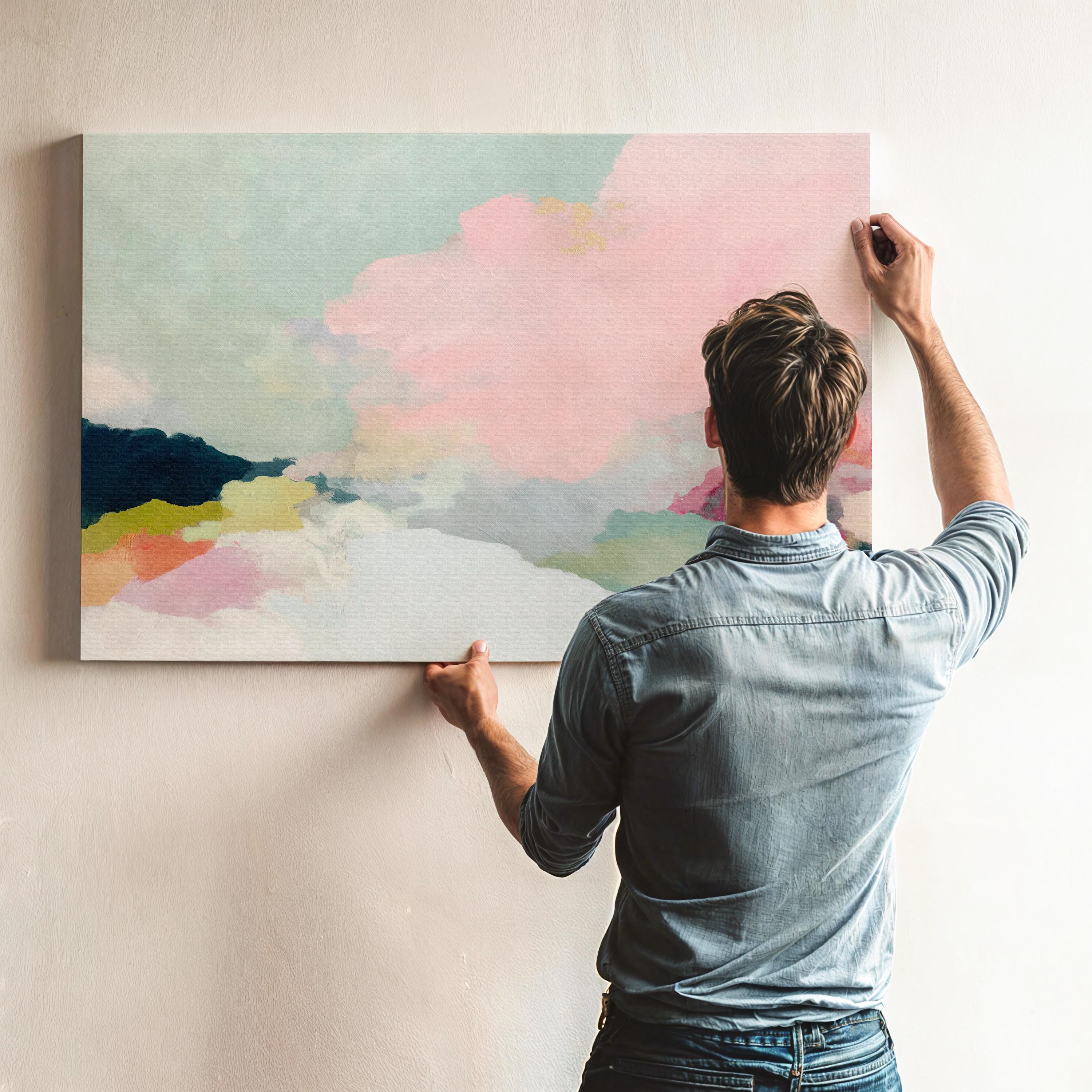 Spring Dawn No. 1059 by Muse Studio & Co. pink clouds abstract canvas wall art featuring blush pink, mint green, navy, coral, and soft butter yellow pastel colors printed with museum-grade giclée inks on premium gallery-wrapped artist canvas, styled above a neutral sofa in a calm designer living room interior.