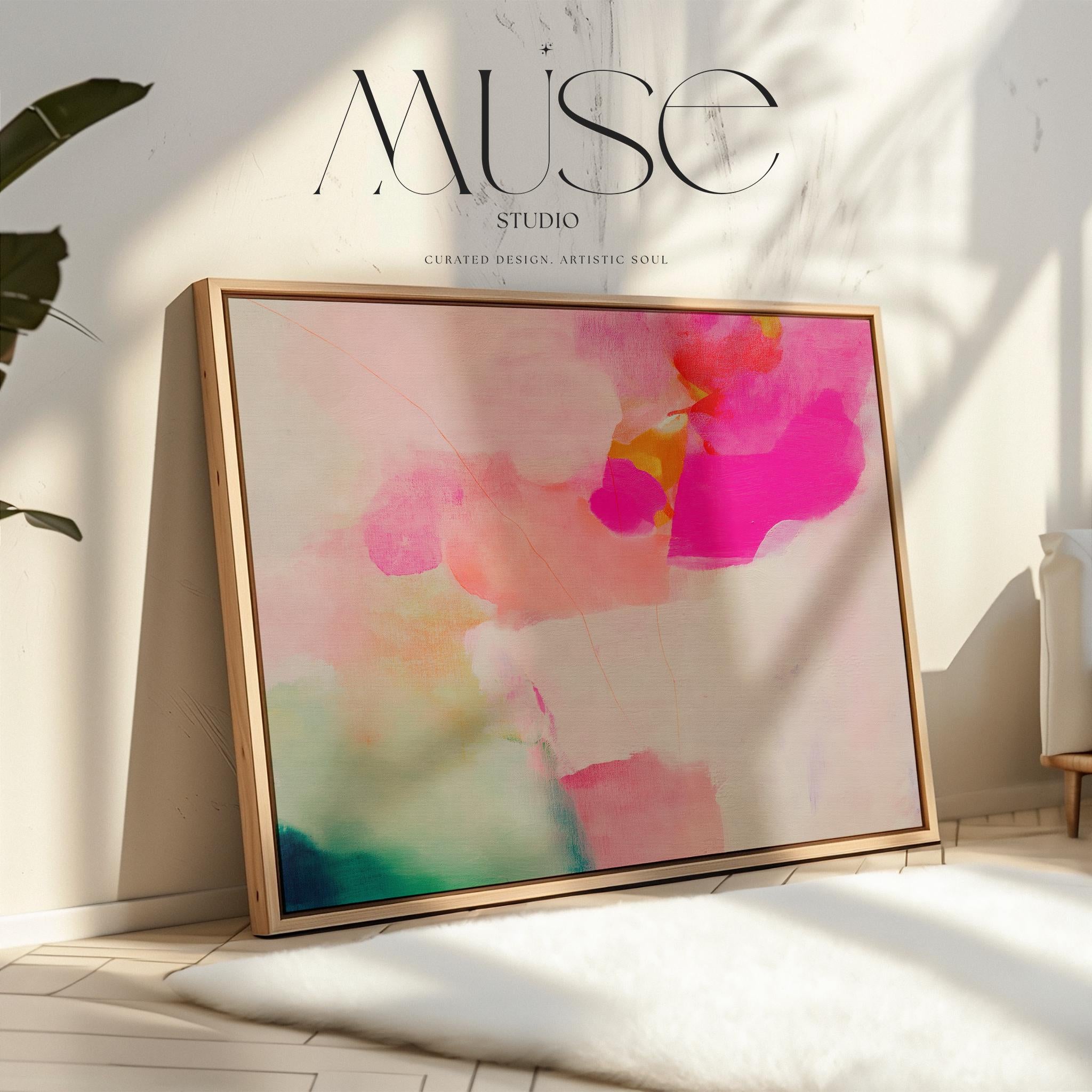 Bloom Aura No. 434 by Muse Studio & Co. pink coral, blush, mint green, and soft peach abstract wall art printed with museum-grade giclée inks on premium gallery-wrapped artist canvas and custom framed in premium wood float frame options including natural, white, black, antique gold, and antique silver, styled as oversized statement art in a modern designer living room.