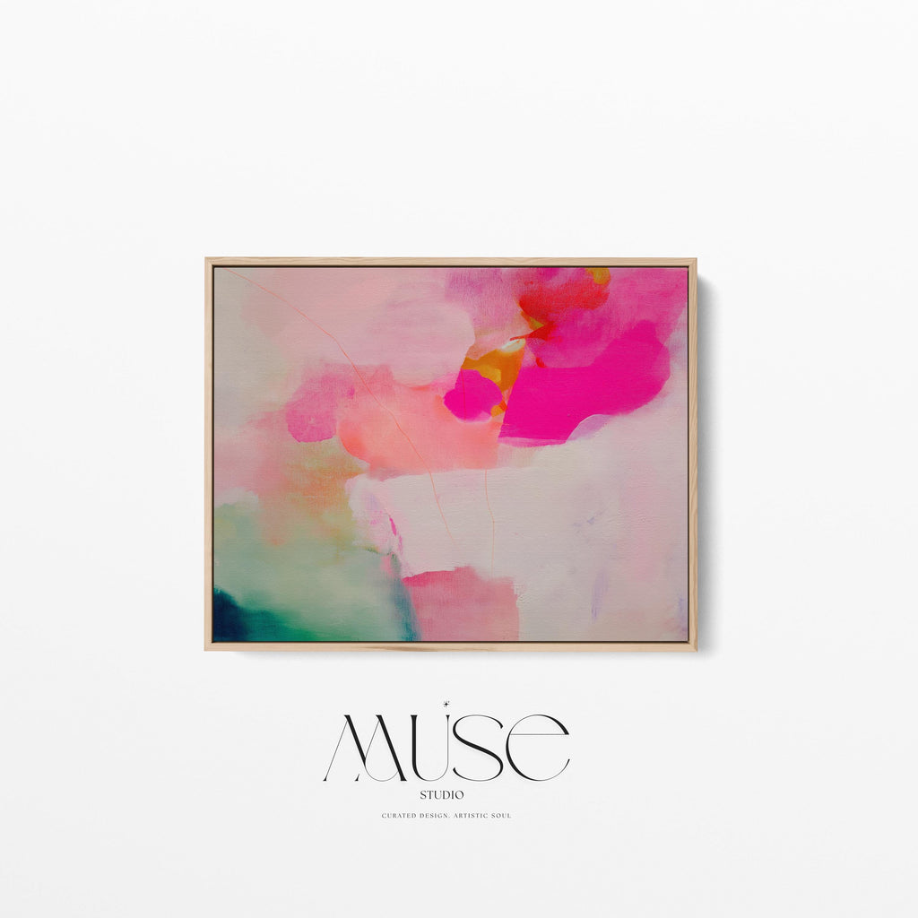 Bloom Aura No. 434 by Muse Studio & Co. pink coral, blush, mint green, and soft peach abstract wall art printed with museum-grade giclée inks on premium gallery-wrapped artist canvas and custom framed in premium wood float frame options including natural, white, black, antique gold, and antique silver, styled as oversized statement art in a modern designer living room.