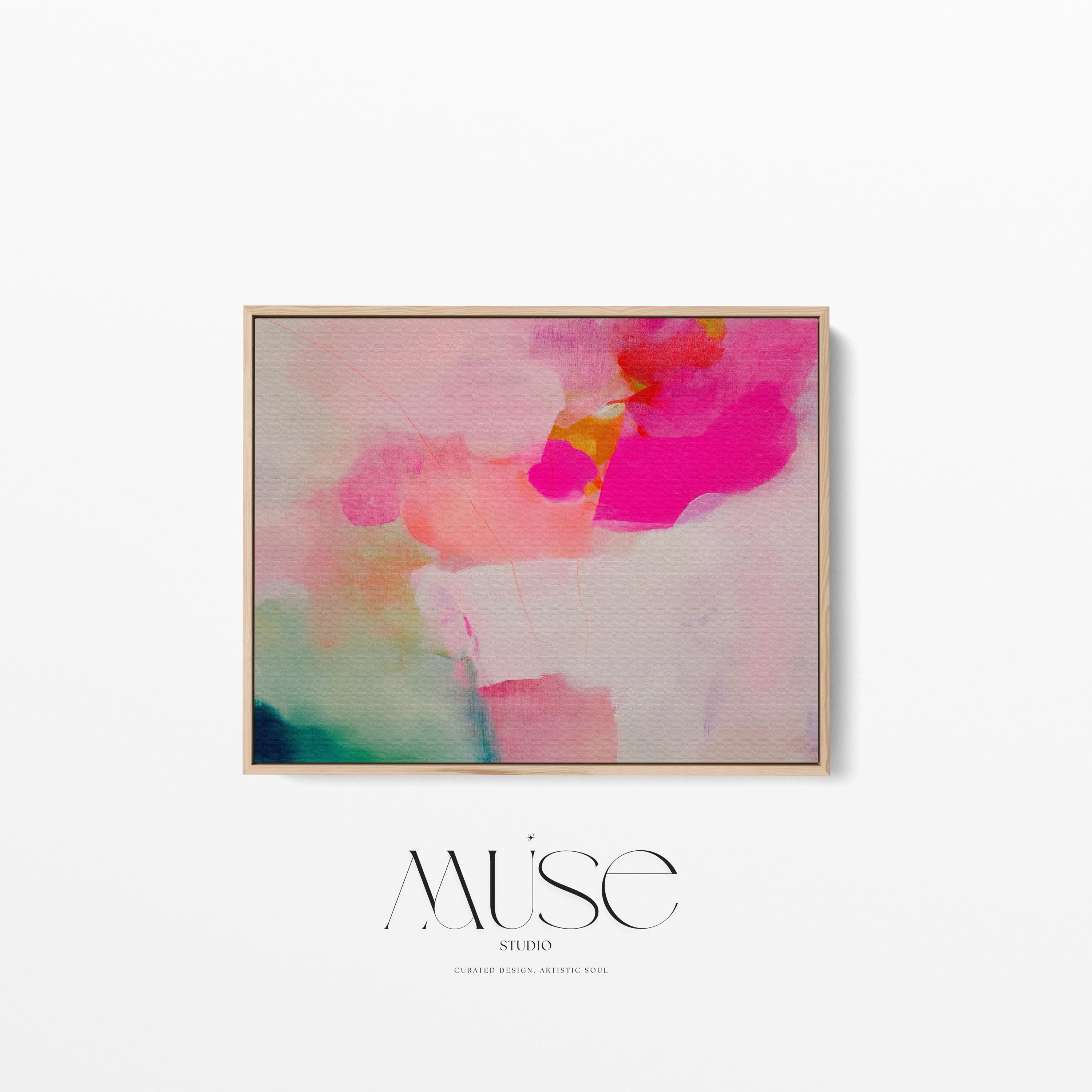 Bloom Aura No. 434 by Muse Studio & Co. pink coral, blush, mint green, and soft peach abstract wall art printed with museum-grade giclée inks on premium gallery-wrapped artist canvas and custom framed in premium wood float frame options including natural, white, black, antique gold, and antique silver, styled as oversized statement art in a modern designer living room.
