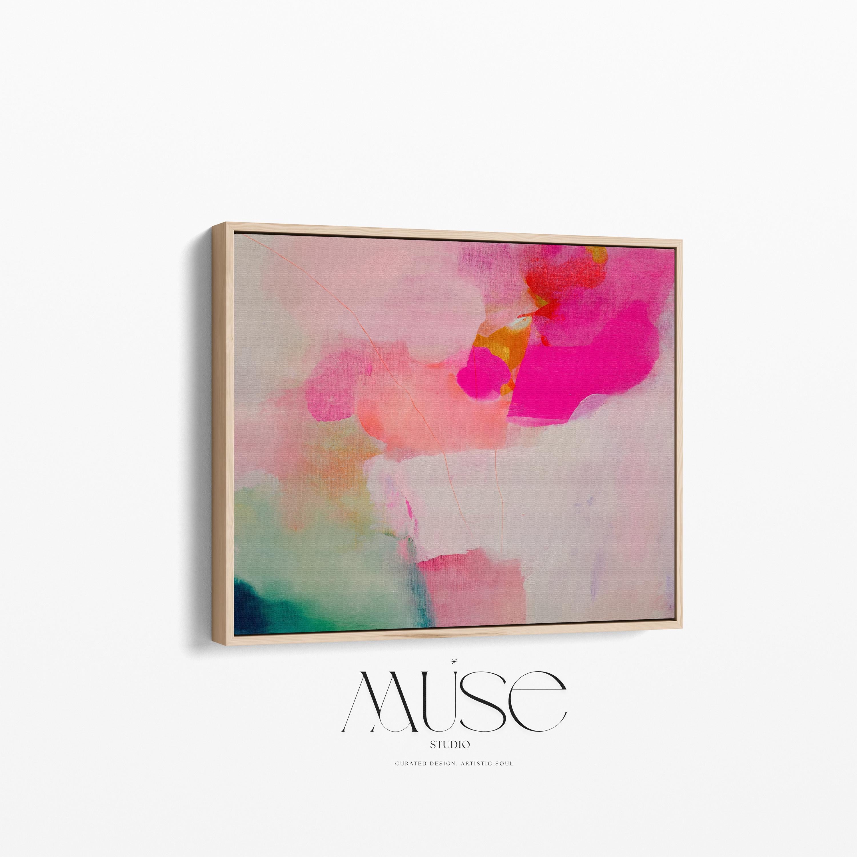Bloom Aura No. 434 by Muse Studio & Co. pink coral, blush, mint green, and soft peach abstract wall art printed with museum-grade giclée inks on premium gallery-wrapped artist canvas and custom framed in premium wood float frame options including natural, white, black, antique gold, and antique silver, styled as oversized statement art in a modern designer living room.