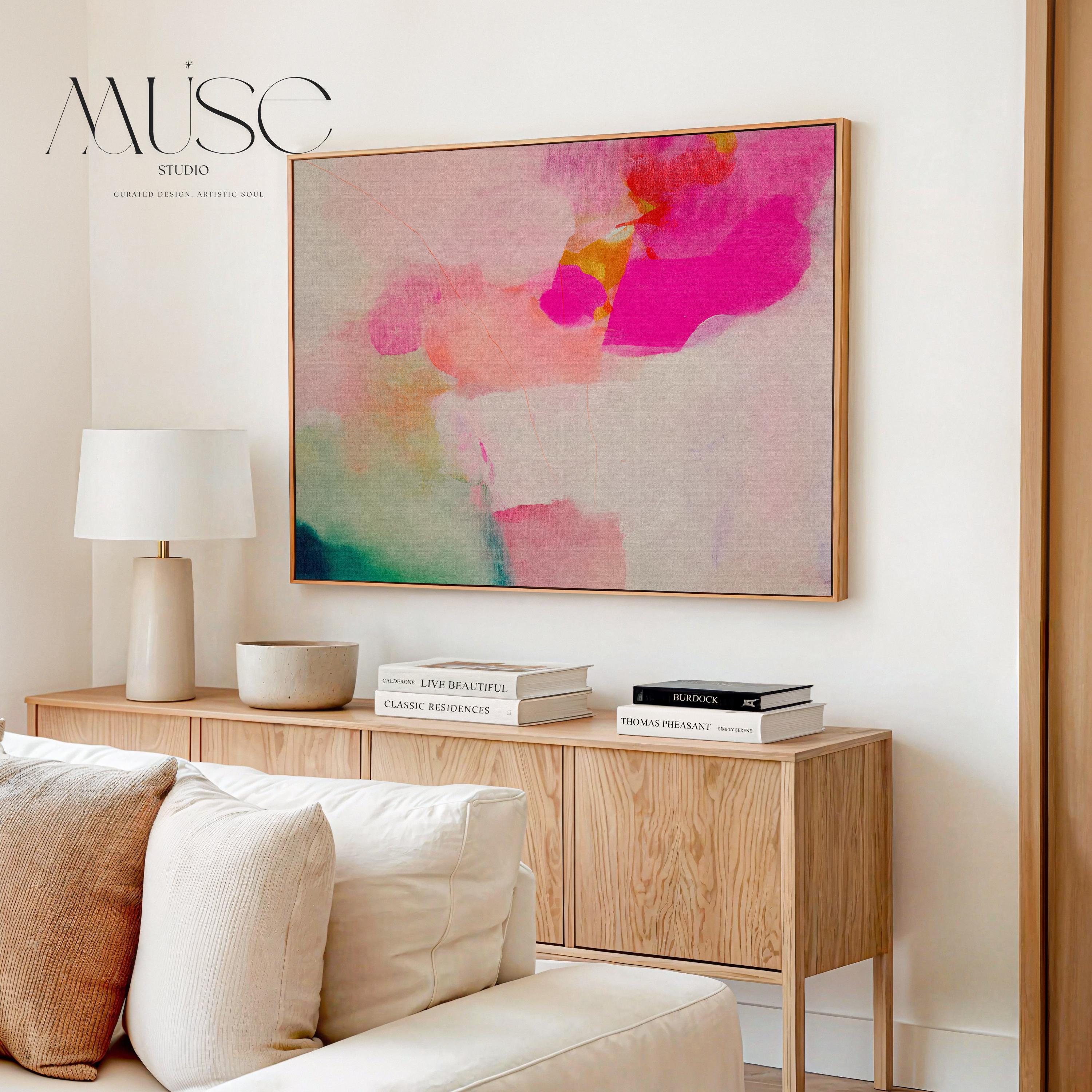 Bloom Aura No. 434 by Muse Studio & Co. pink coral, blush, mint green, and soft peach abstract wall art printed with museum-grade giclée inks on premium gallery-wrapped artist canvas and custom framed in premium wood float frame options including natural, white, black, antique gold, and antique silver, styled as oversized statement art in a modern designer living room.