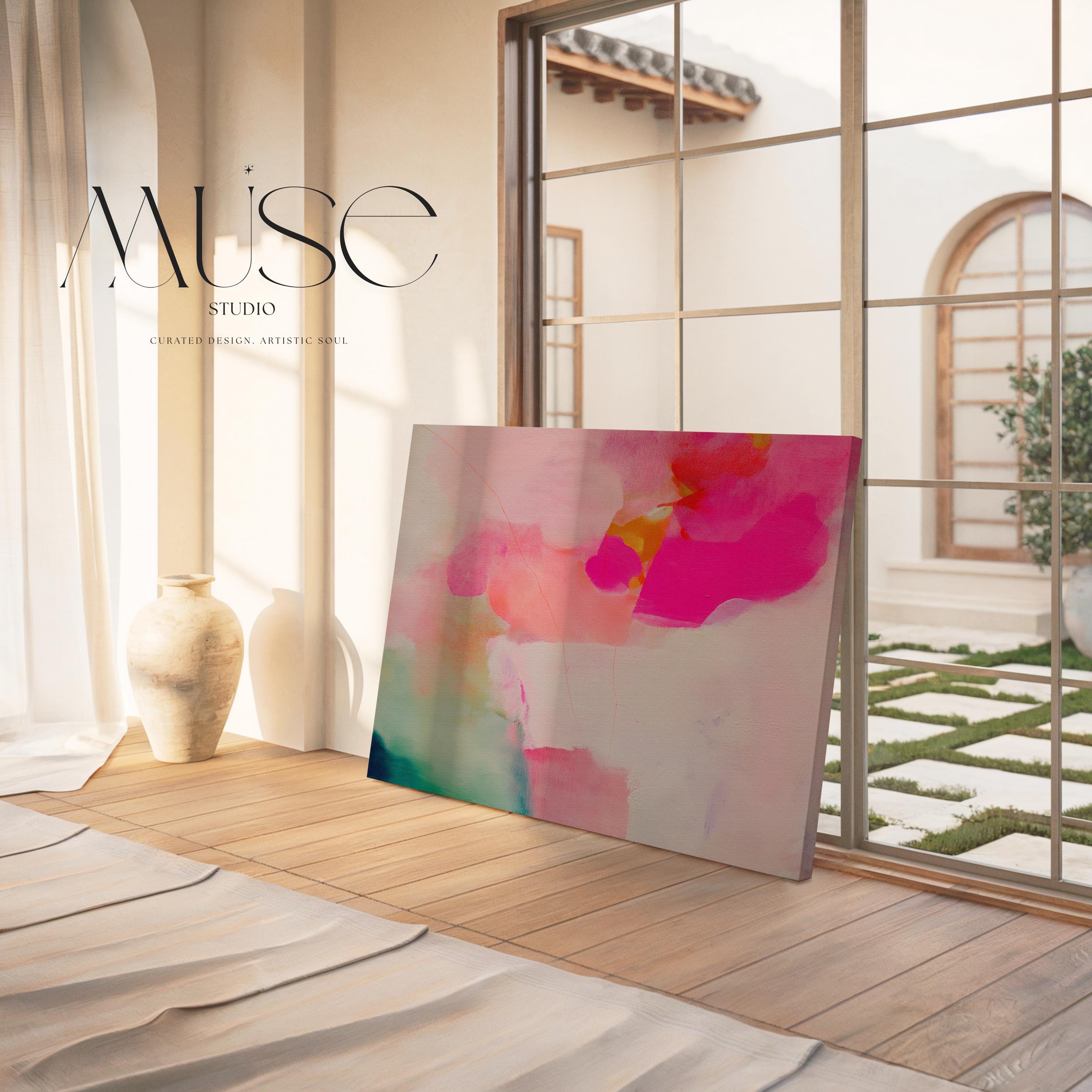 Bloom Aura No. 434 by Muse Studio & Co. pink coral abstract canvas wall art featuring blush pink, coral, mint green, and soft peach painterly color printed with museum-grade giclée inks on premium gallery-wrapped artist canvas, styled as soft botanical artwork in a romantic contemporary bedroom, office, or modern bathroom interior.