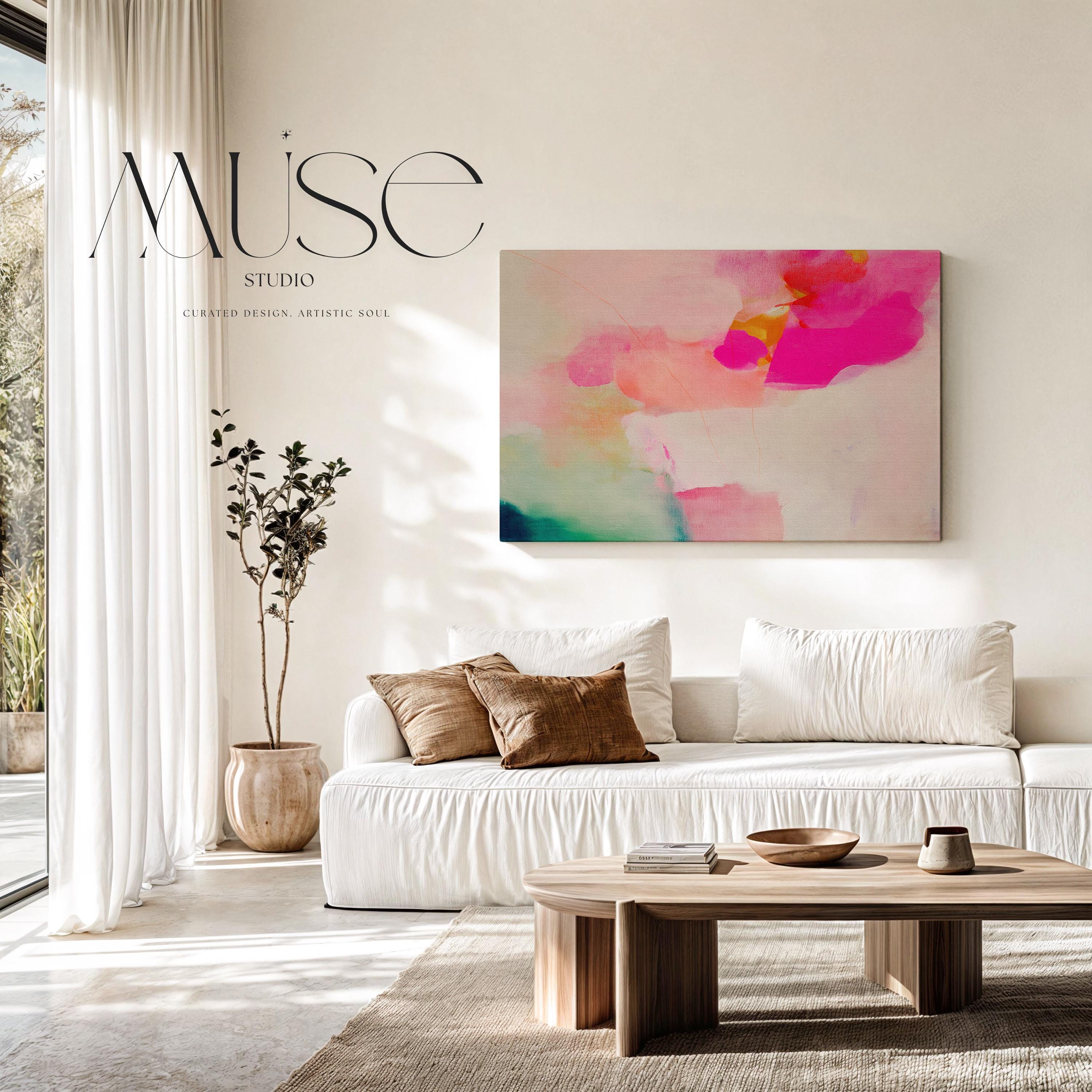 Bloom Aura No. 434 by Muse Studio & Co. pink coral abstract canvas wall art featuring blush pink, coral, mint green, and soft peach painterly color printed with museum-grade giclée inks on premium gallery-wrapped artist canvas, styled as soft botanical artwork in a romantic contemporary bedroom, office, or modern bathroom interior.