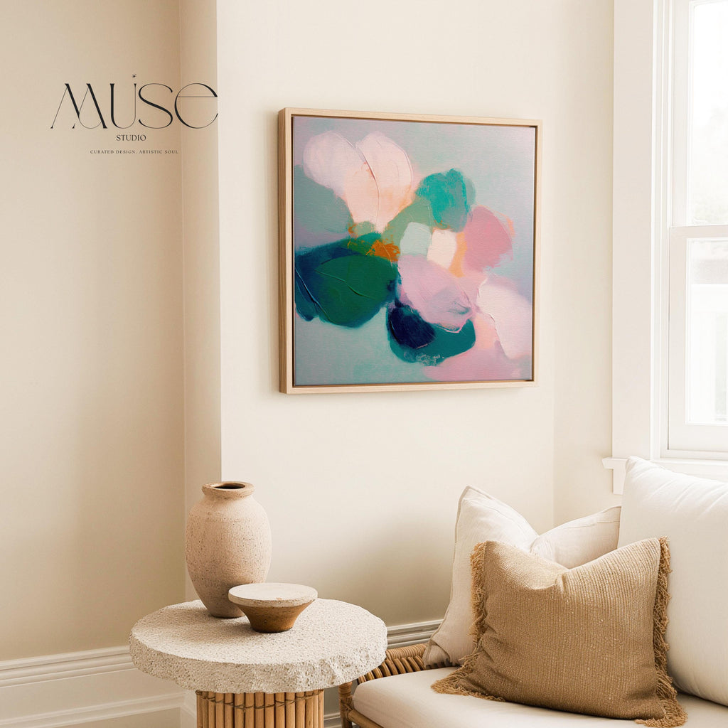 Large Square Abstract Floral Wall Art by Muse Studio, Aurora Muse 001, blush pink teal and emerald botanical abstract painting on premium gallery wrapped artist canvas with museum grade giclée inks, framed canvas wall art with natural white black antique gold or silver float frame options, romantic contemporary bedroom office or bath decor