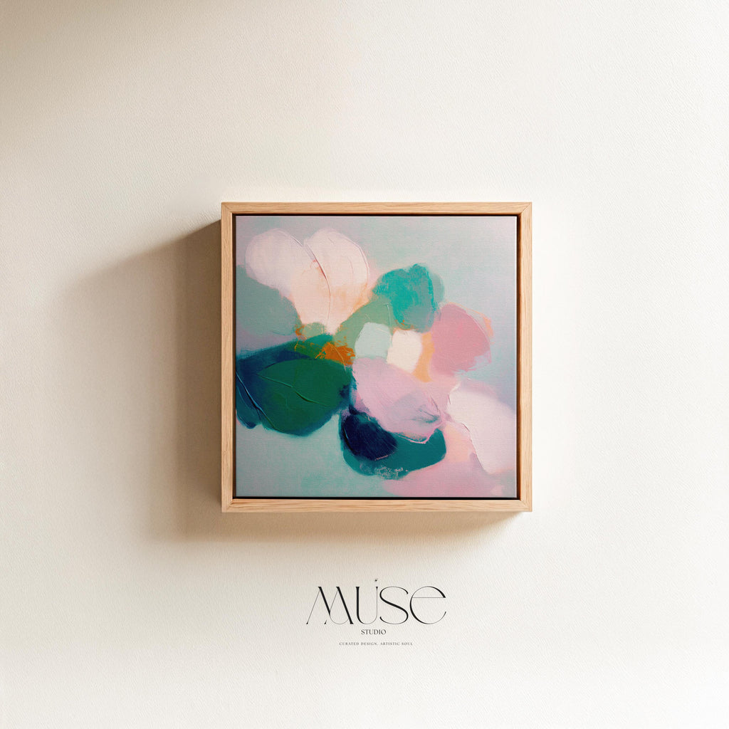 Large Square Abstract Floral Wall Art by Muse Studio, Aurora Muse 001, blush pink teal and emerald botanical abstract painting on premium gallery wrapped artist canvas with museum grade giclée inks, framed canvas wall art with natural white black antique gold or silver float frame options, romantic contemporary bedroom office or bath decor