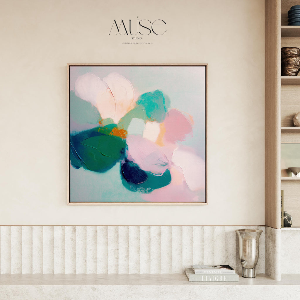 Large Square Abstract Floral Wall Art by Muse Studio, Aurora Muse 001, blush pink teal and emerald botanical abstract painting on premium gallery wrapped artist canvas with museum grade giclée inks, framed canvas wall art with natural white black antique gold or silver float frame options, romantic contemporary bedroom office or bath decor