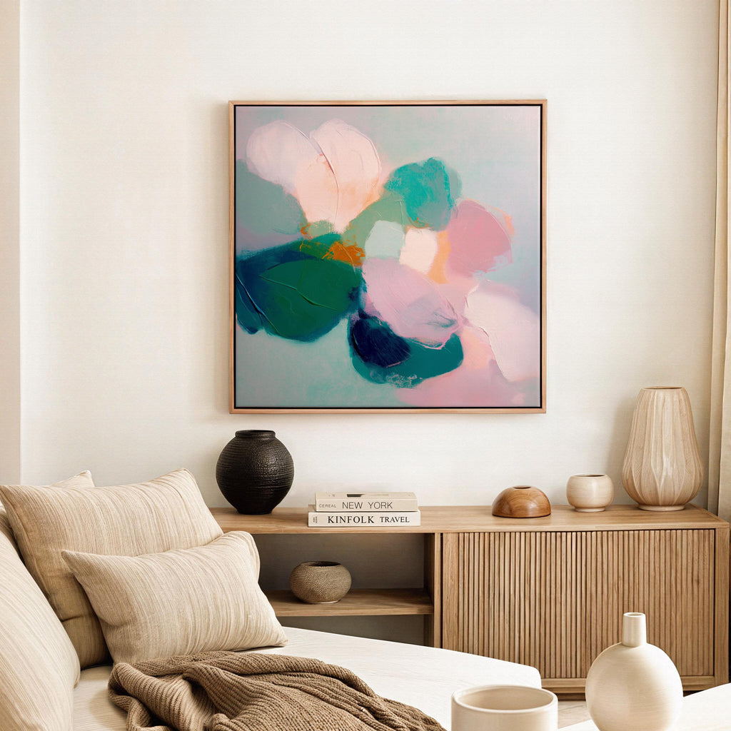 Large Square Abstract Floral Wall Art by Muse Studio, Aurora Muse 001, blush pink teal and emerald botanical abstract painting on premium gallery wrapped artist canvas with museum grade giclée inks, framed canvas wall art with natural white black antique gold or silver float frame options, romantic contemporary bedroom office or bath decor