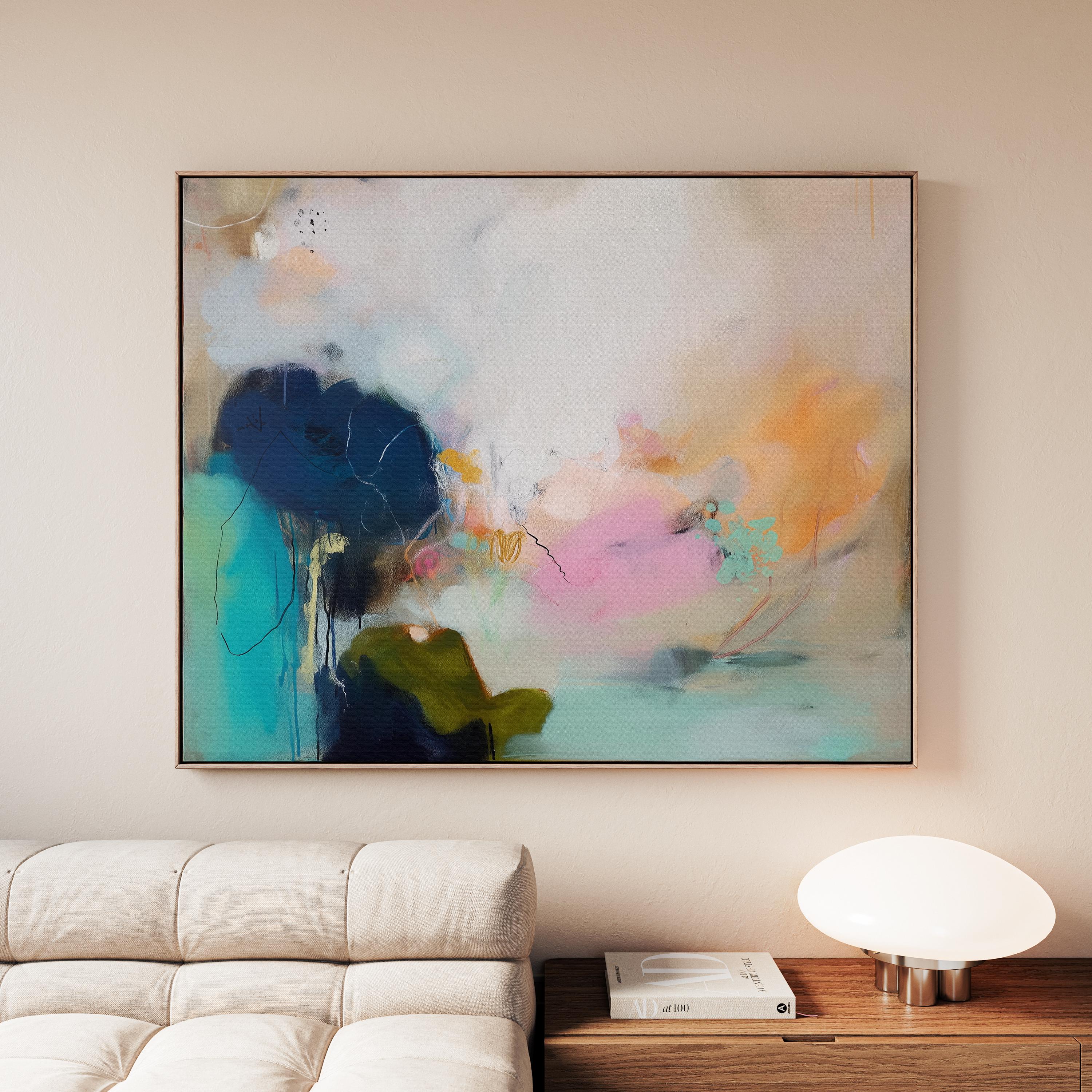 Muse Studio Blush Tide 448 large horizontal abstract wall art featuring blush pink, teal aqua, navy blue, and coral tones printed with museum-grade giclée inks on premium gallery-wrapped cotton canvas, available framed or unframed for living rooms, bedrooms, and coastal interiors.