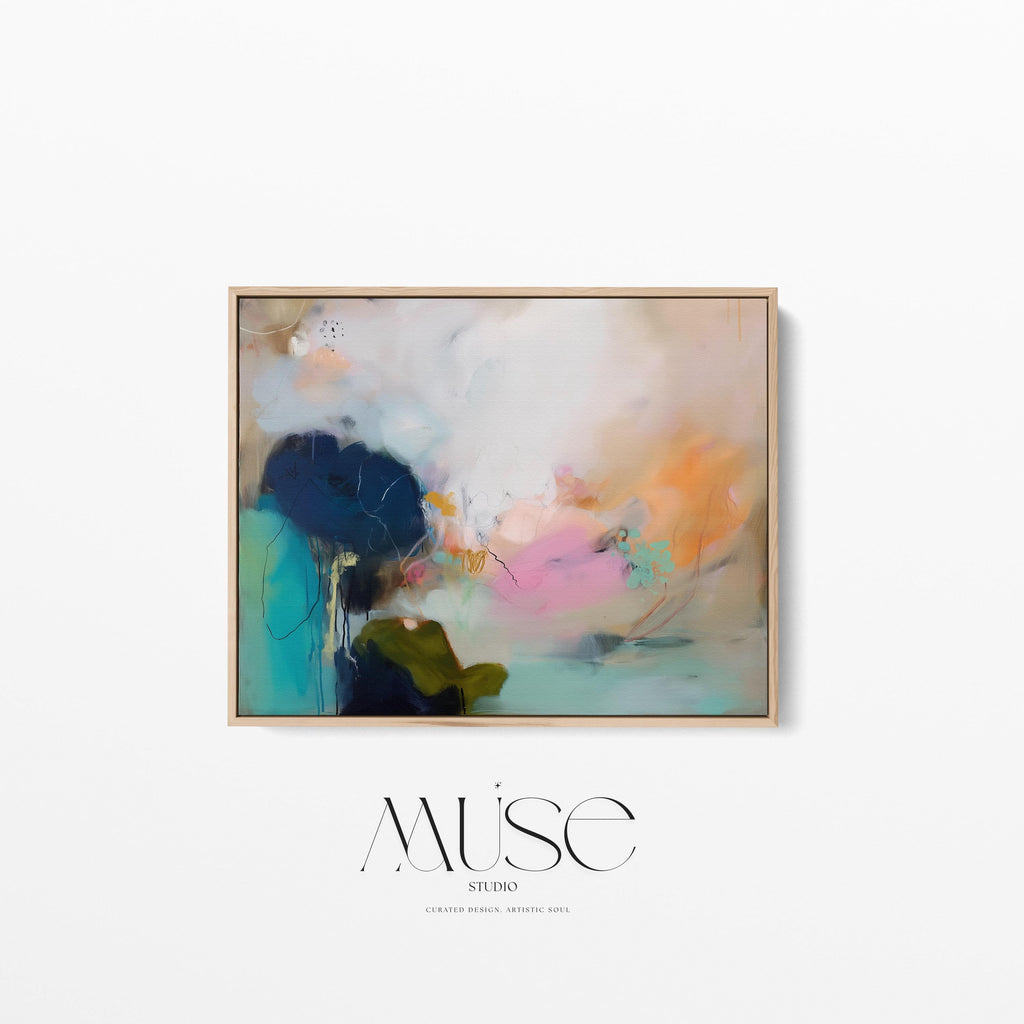 Muse Studio Blush Tide 448 large horizontal abstract wall art featuring blush pink, teal aqua, navy blue, and coral tones printed with museum-grade giclée inks on premium gallery-wrapped cotton canvas, available framed or unframed for living rooms, bedrooms, and coastal interiors.