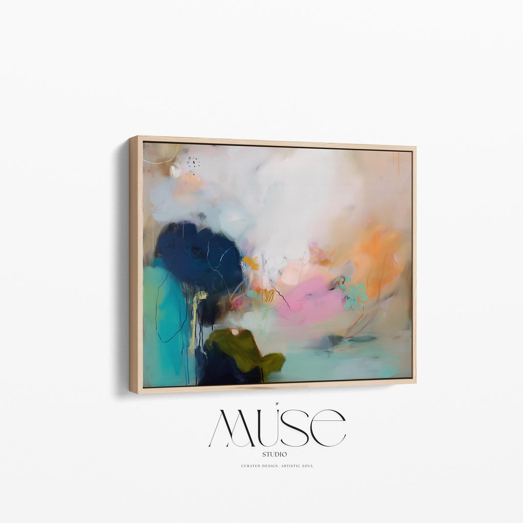 Muse Studio Blush Tide 448 large horizontal abstract wall art featuring blush pink, teal aqua, navy blue, and coral tones printed with museum-grade giclée inks on premium gallery-wrapped cotton canvas, available framed or unframed for living rooms, bedrooms, and coastal interiors.