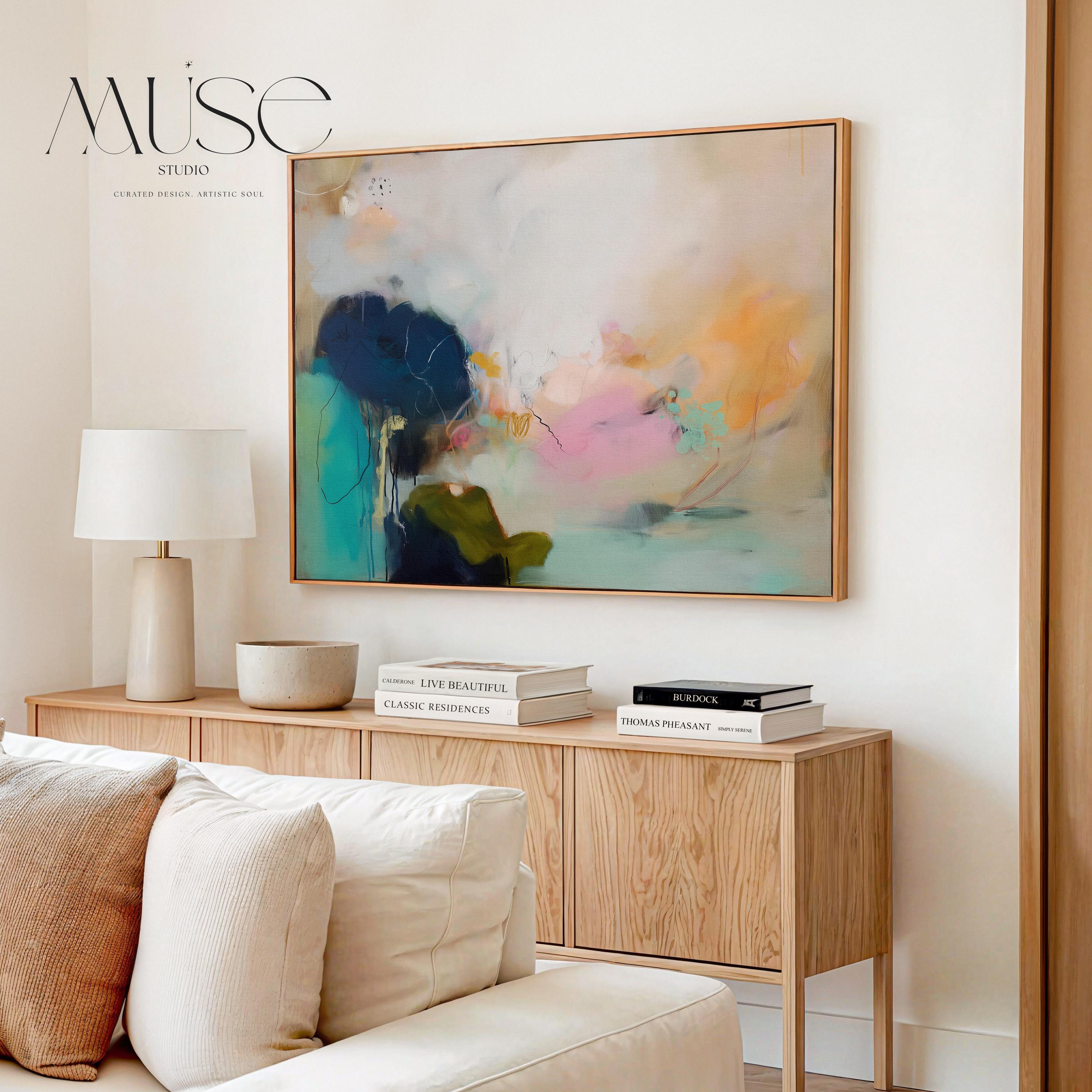 Muse Studio Blush Tide 448 large horizontal abstract wall art featuring blush pink, teal aqua, navy blue, and coral tones printed with museum-grade giclée inks on premium gallery-wrapped cotton canvas, available framed or unframed for living rooms, bedrooms, and coastal interiors.