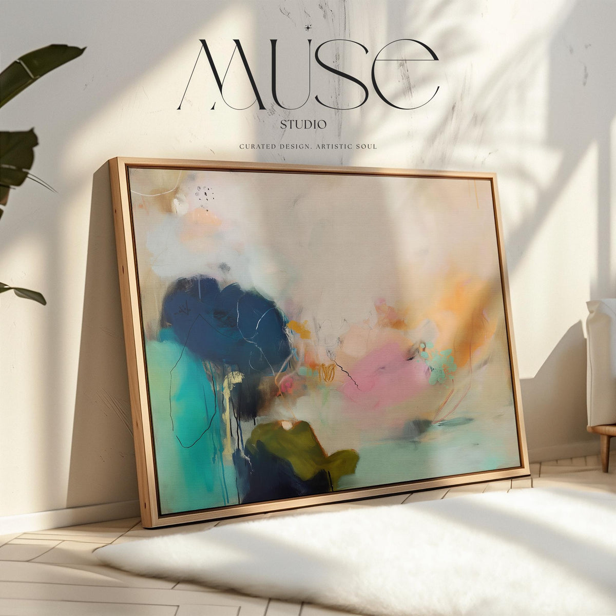 Muse Studio Blush Tide 448 large horizontal abstract wall art featuring blush pink, teal aqua, navy blue, and coral tones printed with museum-grade giclée inks on premium gallery-wrapped cotton canvas, available framed or unframed for living rooms, bedrooms, and coastal interiors.