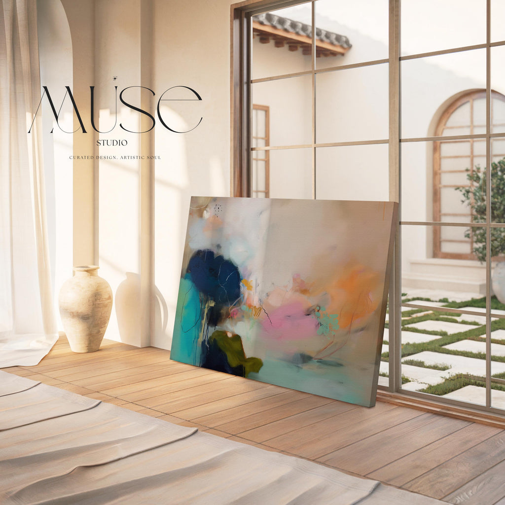 Muse Studio Blush Tide 448 large horizontal abstract wall art featuring blush pink, teal aqua, navy blue, and coral tones printed with museum-grade giclée inks on premium gallery-wrapped cotton canvas, available framed or unframed for living rooms, bedrooms, and coastal interiors.