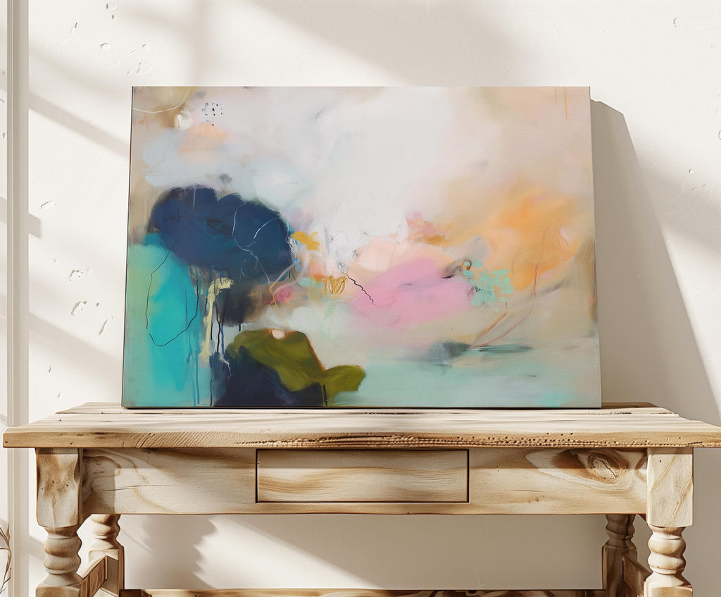 Muse Studio Blush Tide 448 large horizontal abstract wall art featuring blush pink, teal aqua, navy blue, and coral tones printed with museum-grade giclée inks on premium gallery-wrapped cotton canvas, available framed or unframed for living rooms, bedrooms, and coastal interiors.