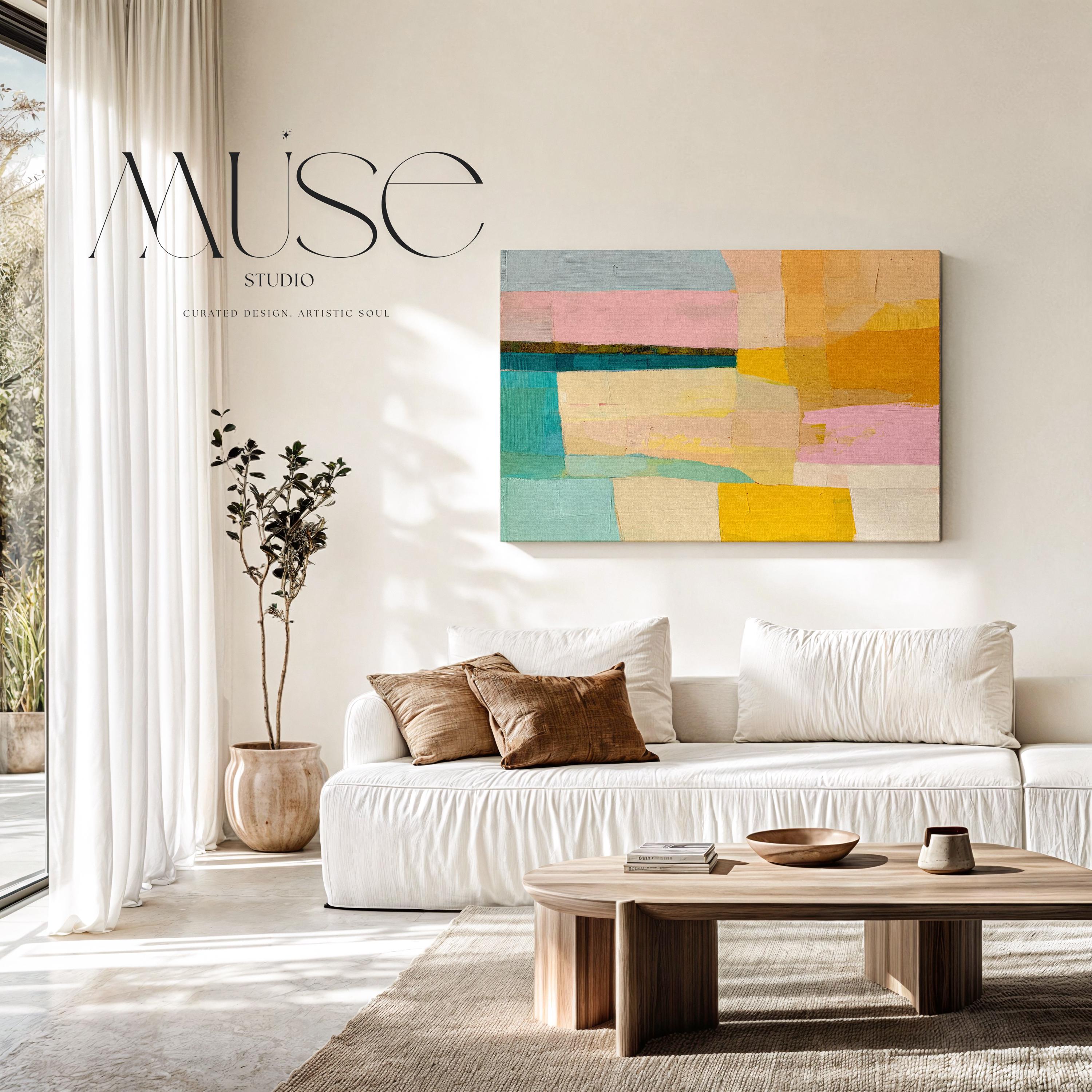 Muse Studio Sunny Meadows 201 large horizontal abstract canvas wall art in aqua, blush pink, sky blue, butter yellow, peach, and golden ochre with painterly geometric texture and midcentury retro colorful styling, printed with museum-grade giclée inks on premium gallery-wrapped artist canvas for living room, bedroom, office, or dining room decor.