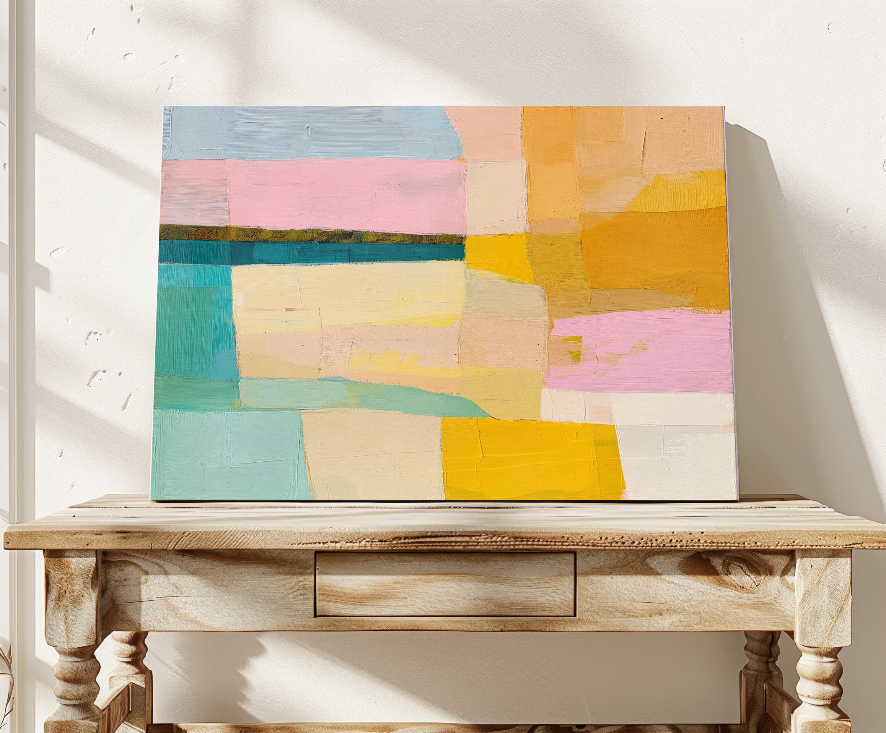 Muse Studio Sunny Meadows 201 large horizontal abstract canvas wall art in aqua, blush pink, sky blue, butter yellow, peach, and golden ochre with painterly geometric texture and midcentury retro colorful styling, printed with museum-grade giclée inks on premium gallery-wrapped artist canvas for living room, bedroom, office, or dining room decor.