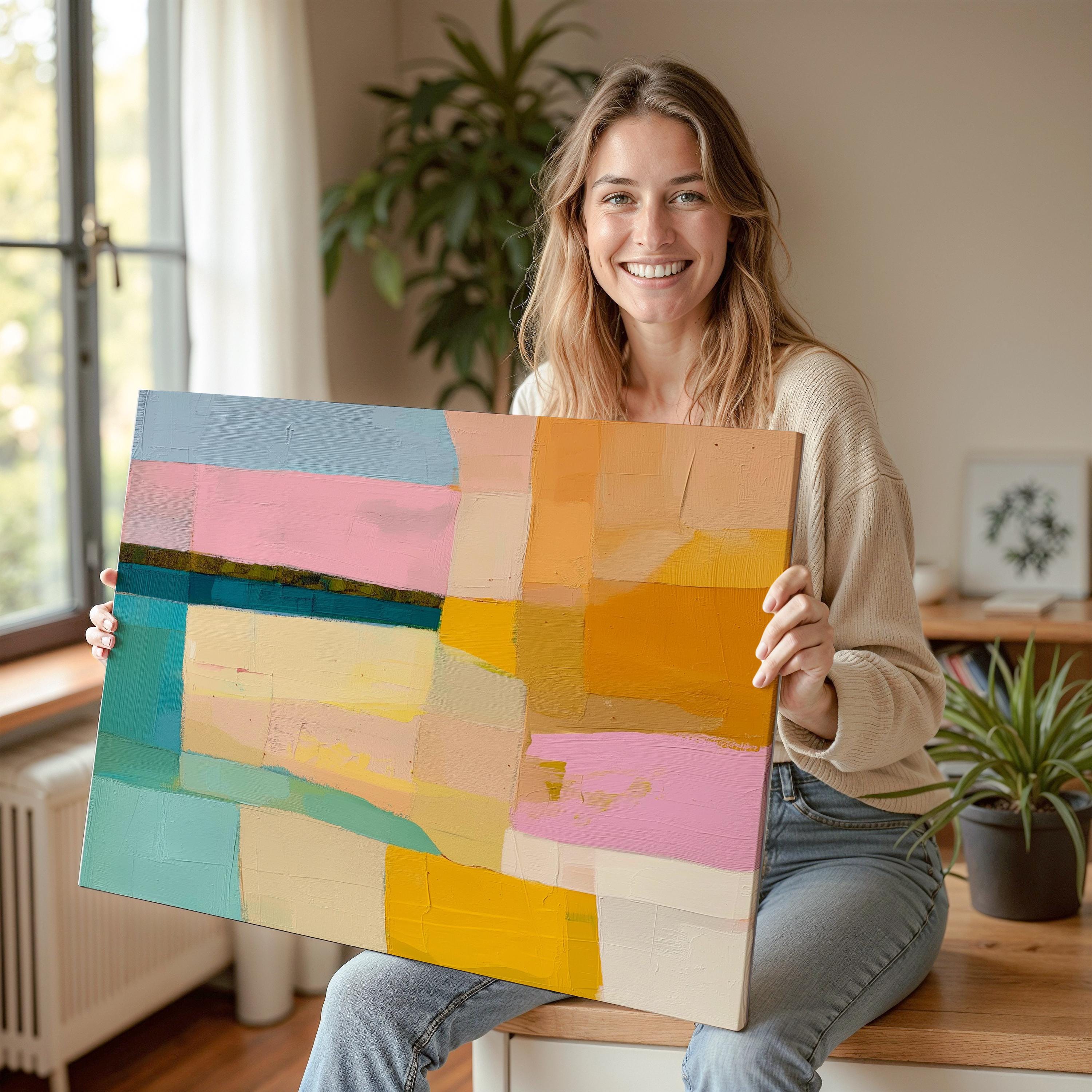 Muse Studio Sunny Meadows 201 large horizontal abstract canvas wall art in aqua, blush pink, sky blue, butter yellow, peach, and golden ochre with painterly geometric texture and midcentury retro colorful styling, printed with museum-grade giclée inks on premium gallery-wrapped artist canvas for living room, bedroom, office, or dining room decor.