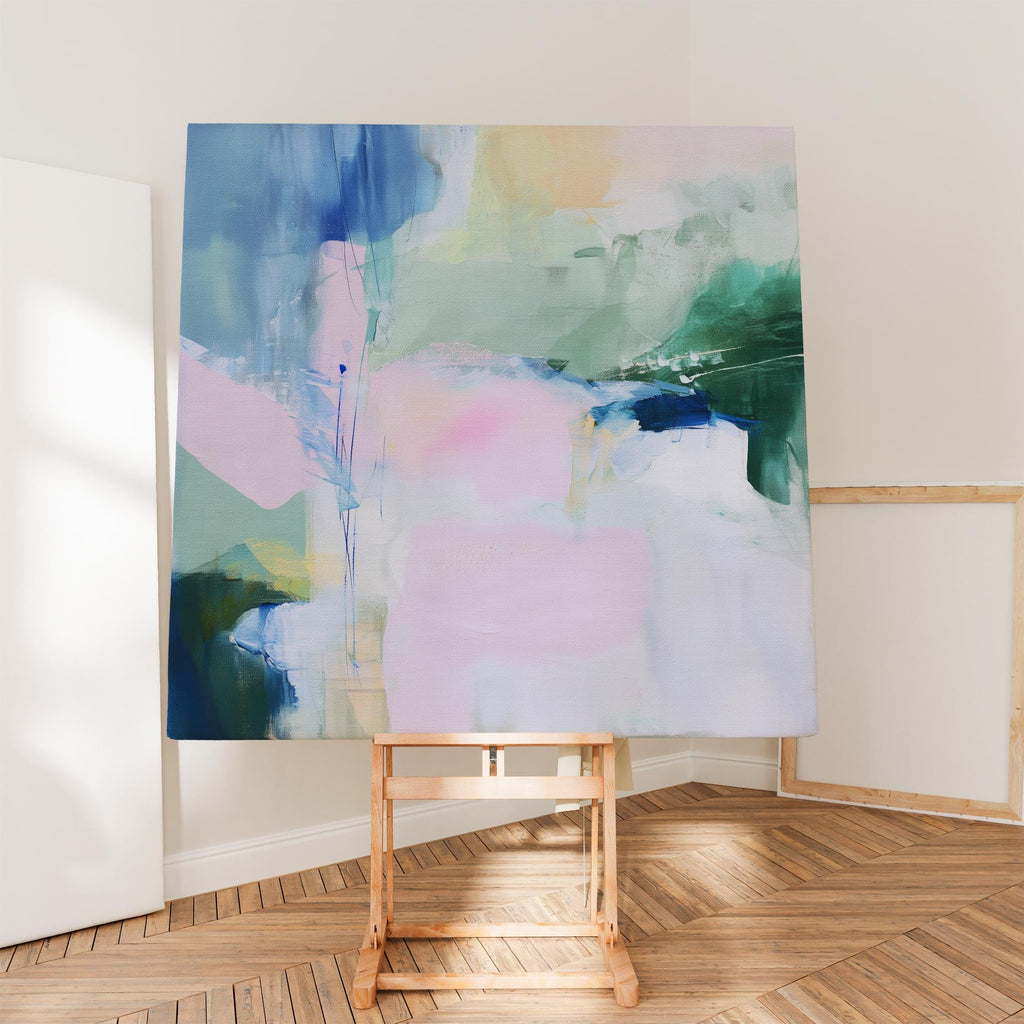 Muse Studio Aurora Bloom 421 large square pastel abstract canvas wall art in blush pink, sage green, soft blue, and ivory with painterly modern contemporary styling printed with museum-grade giclée inks on premium gallery-wrapped artist canvas for living room, bedroom, or office decor.