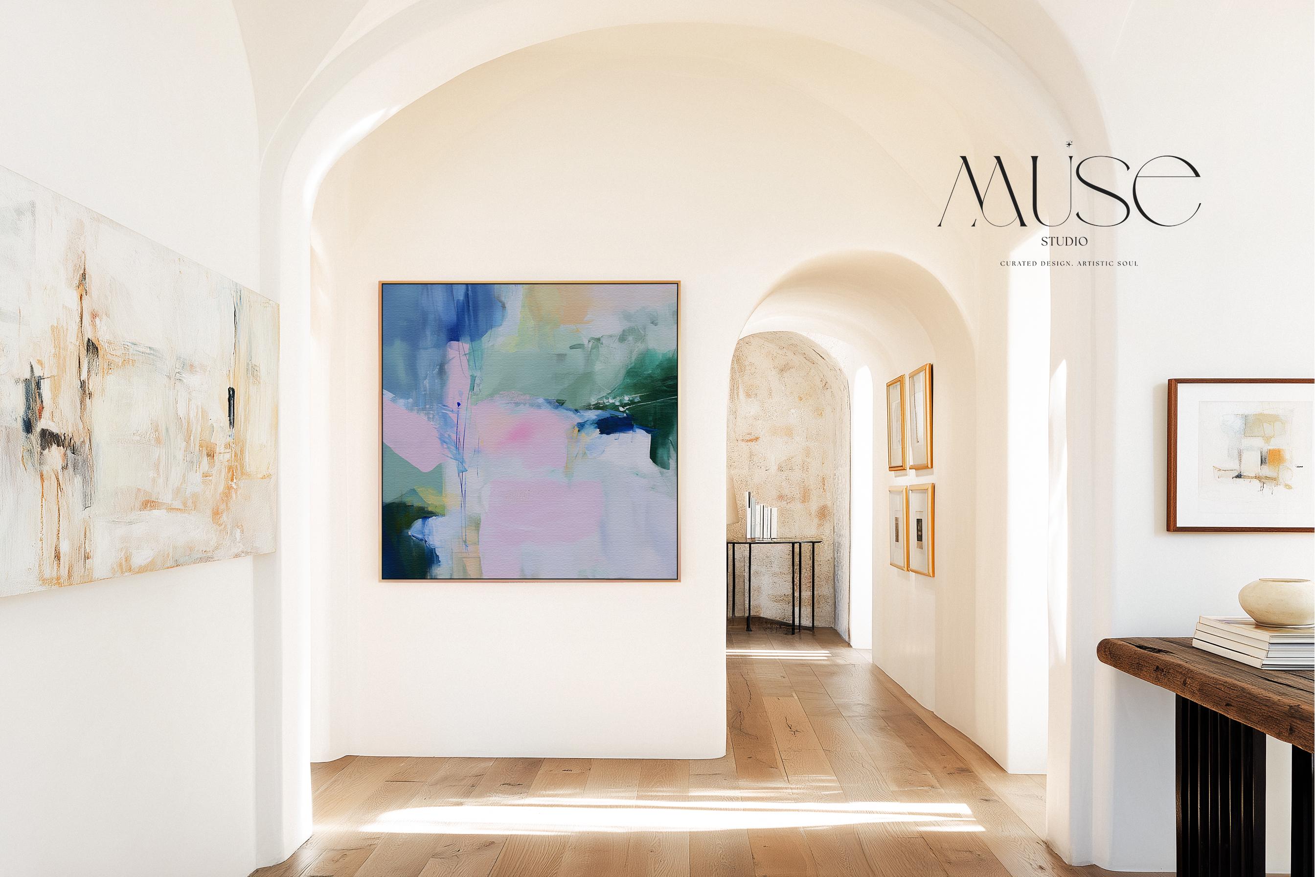 Muse Studio Aurora Bloom 421 large square pastel abstract canvas wall art in blush pink, sage green, soft blue, and ivory with painterly modern contemporary styling printed with museum-grade giclée inks on premium gallery-wrapped artist canvas for living room, bedroom, or office decor.