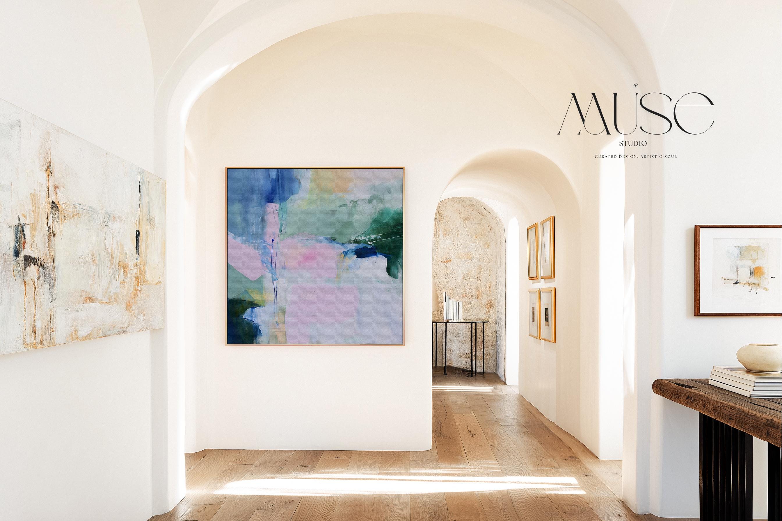 Muse Studio Aurora Bloom 421 large square pastel abstract canvas wall art in blush pink, sage green, soft blue, and ivory with painterly modern contemporary styling printed with museum-grade giclée inks on premium gallery-wrapped artist canvas for living room, bedroom, or office decor.