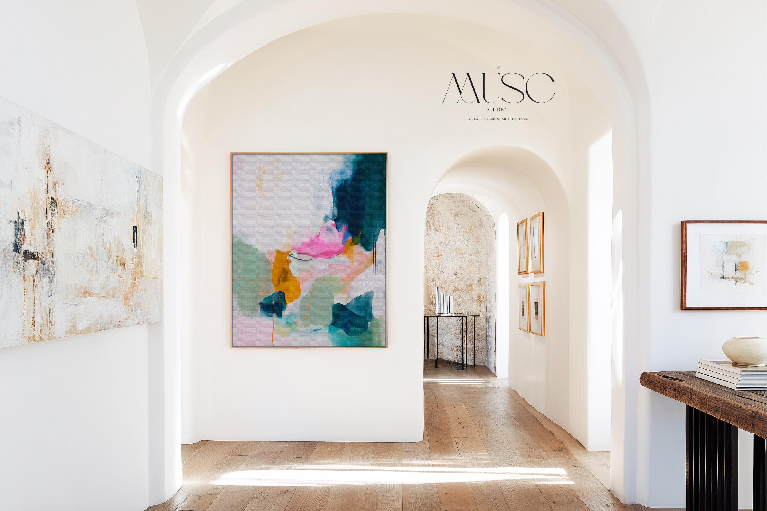Pastel cloudscape wall art by Muse Studio, pink and blue abstract sky painting printed with museum-grade giclée inks on premium gallery-wrapped artist canvas, soft contemporary pastel artwork for serene bedrooms, living rooms, spa bathrooms, and calming modern interiors.