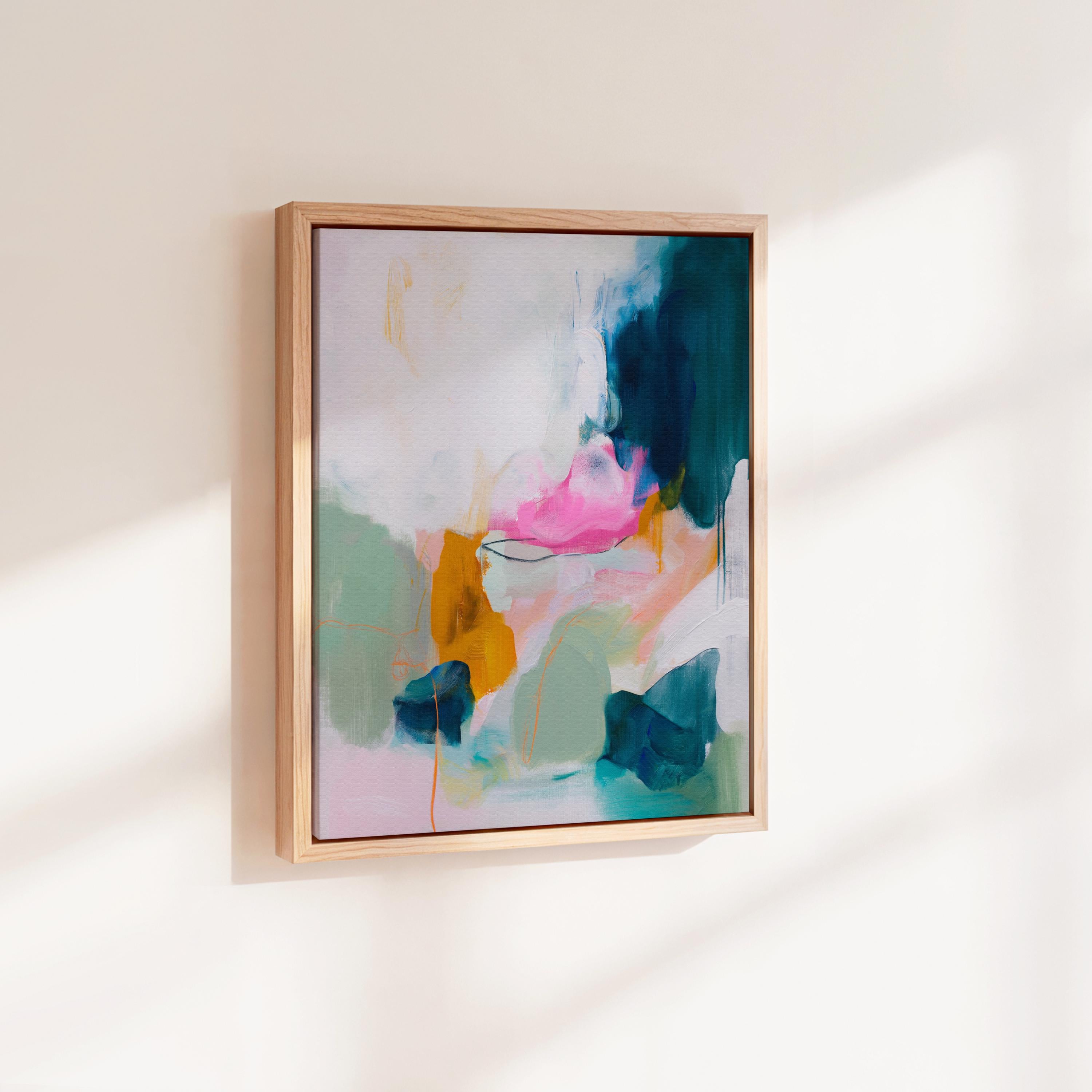 Pastel cloudscape wall art by Muse Studio, pink and blue abstract sky painting printed with museum-grade giclée inks on premium gallery-wrapped artist canvas, soft contemporary pastel artwork for serene bedrooms, living rooms, spa bathrooms, and calming modern interiors.