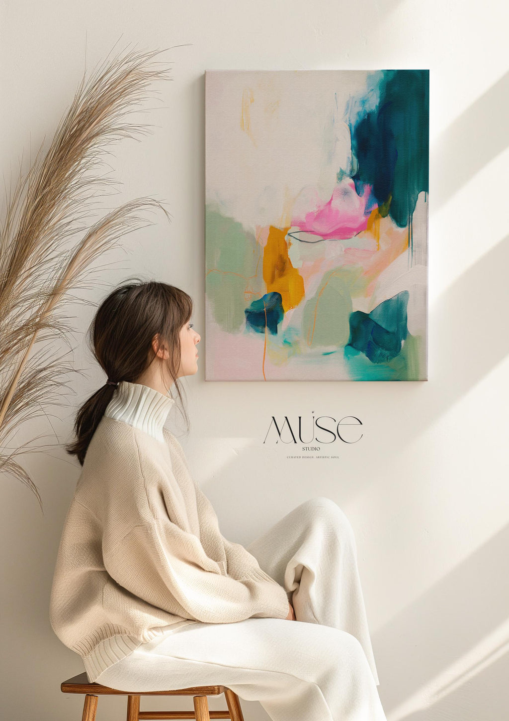 Colorful abstract canvas wall art by Muse Studio, pink teal mint and ochre vertical painting printed with museum-grade giclée inks on premium gallery-wrapped artist canvas, modern colorful artwork for living rooms, bedrooms, offices, and creative interiors.