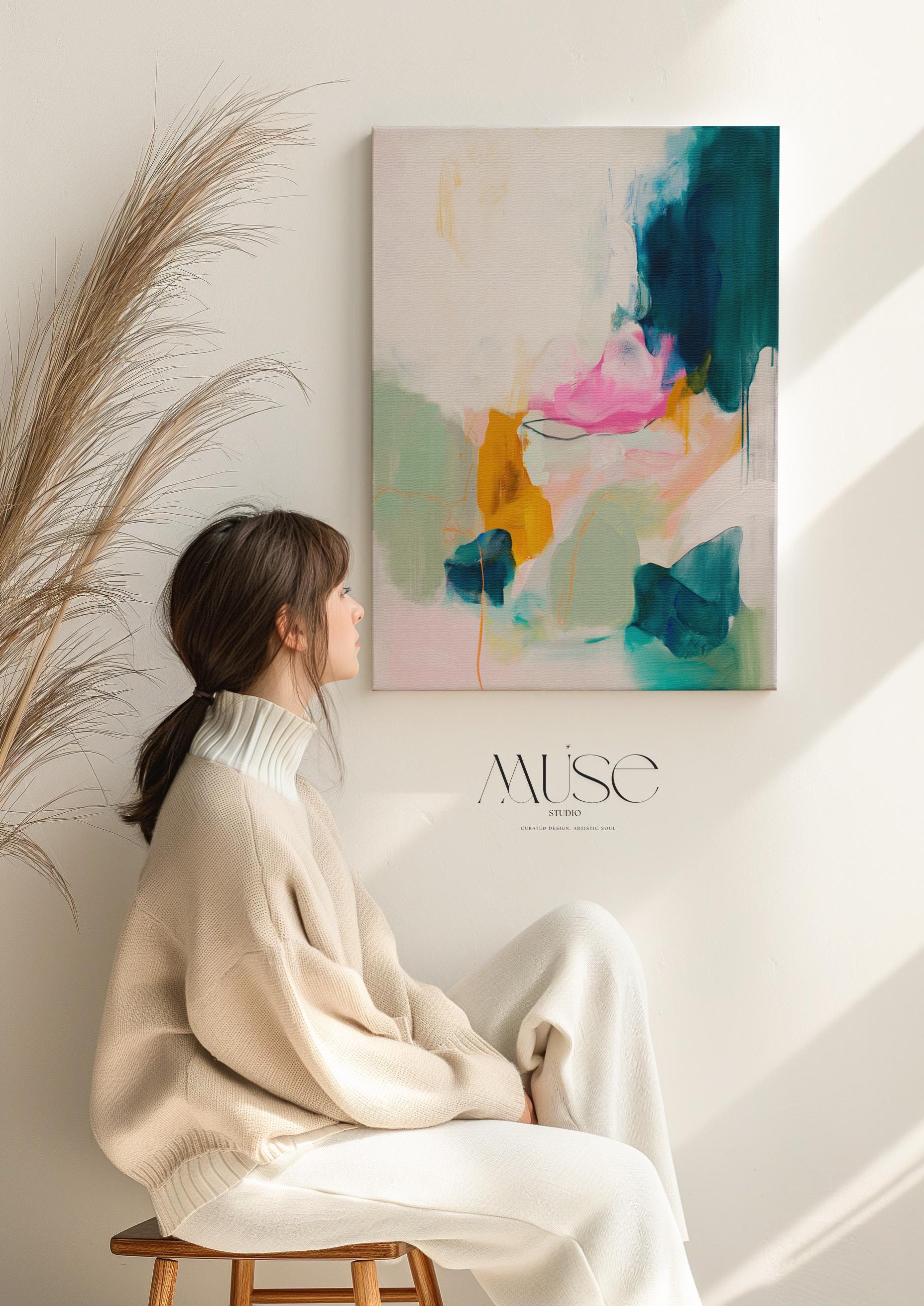 Colorful abstract canvas wall art by Muse Studio, pink teal mint and ochre vertical painting printed with museum-grade giclée inks on premium gallery-wrapped artist canvas, modern colorful artwork for living rooms, bedrooms, offices, and creative interiors.