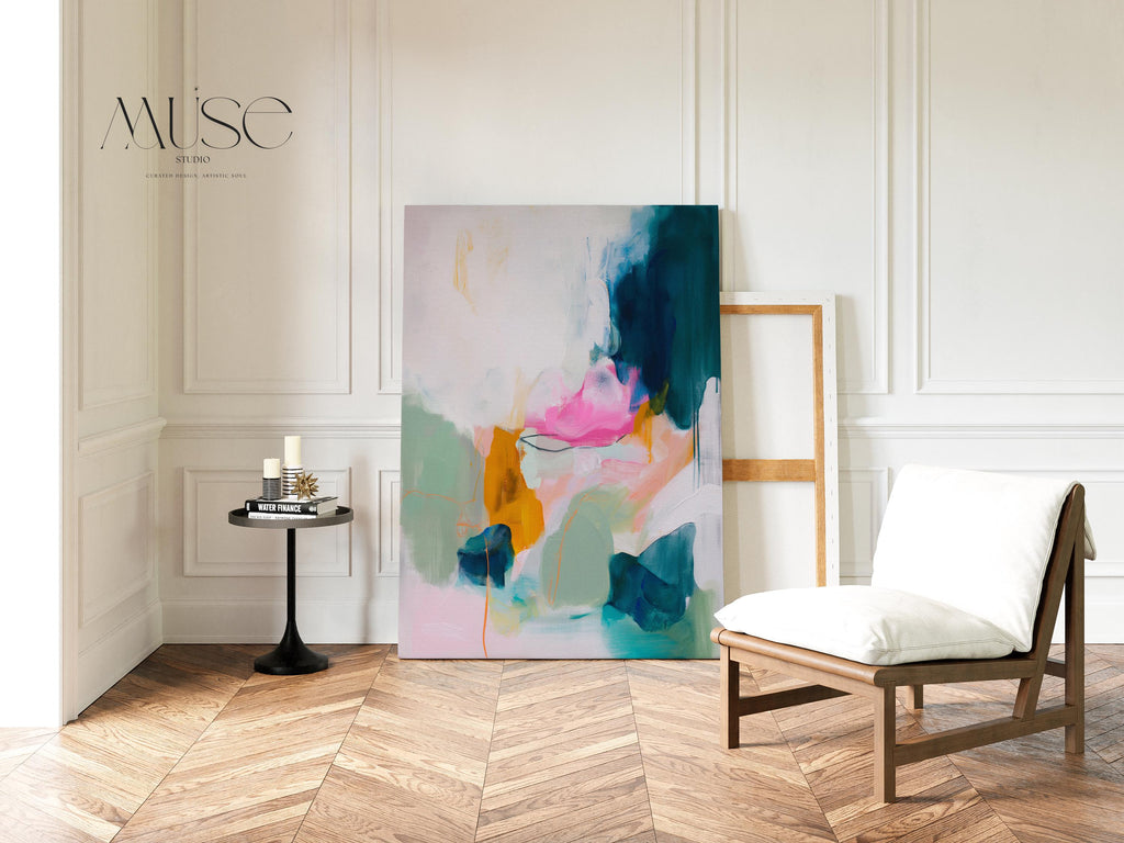 Colorful abstract canvas wall art by Muse Studio, pink teal mint and ochre vertical painting printed with museum-grade giclée inks on premium gallery-wrapped artist canvas, modern colorful artwork for living rooms, bedrooms, offices, and creative interiors.