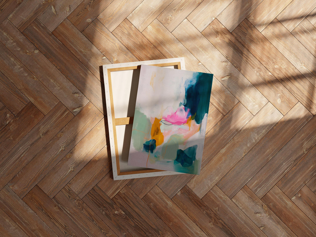 Colorful abstract canvas wall art by Muse Studio, pink teal mint and ochre vertical painting printed with museum-grade giclée inks on premium gallery-wrapped artist canvas, modern colorful artwork for living rooms, bedrooms, offices, and creative interiors.