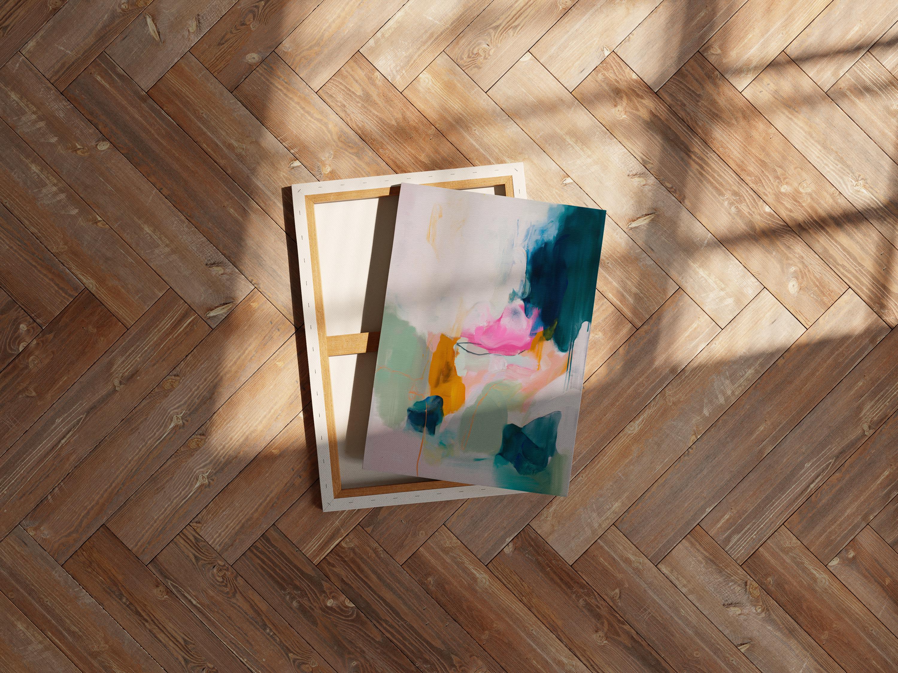 Colorful abstract canvas wall art by Muse Studio, pink teal mint and ochre vertical painting printed with museum-grade giclée inks on premium gallery-wrapped artist canvas, modern colorful artwork for living rooms, bedrooms, offices, and creative interiors.