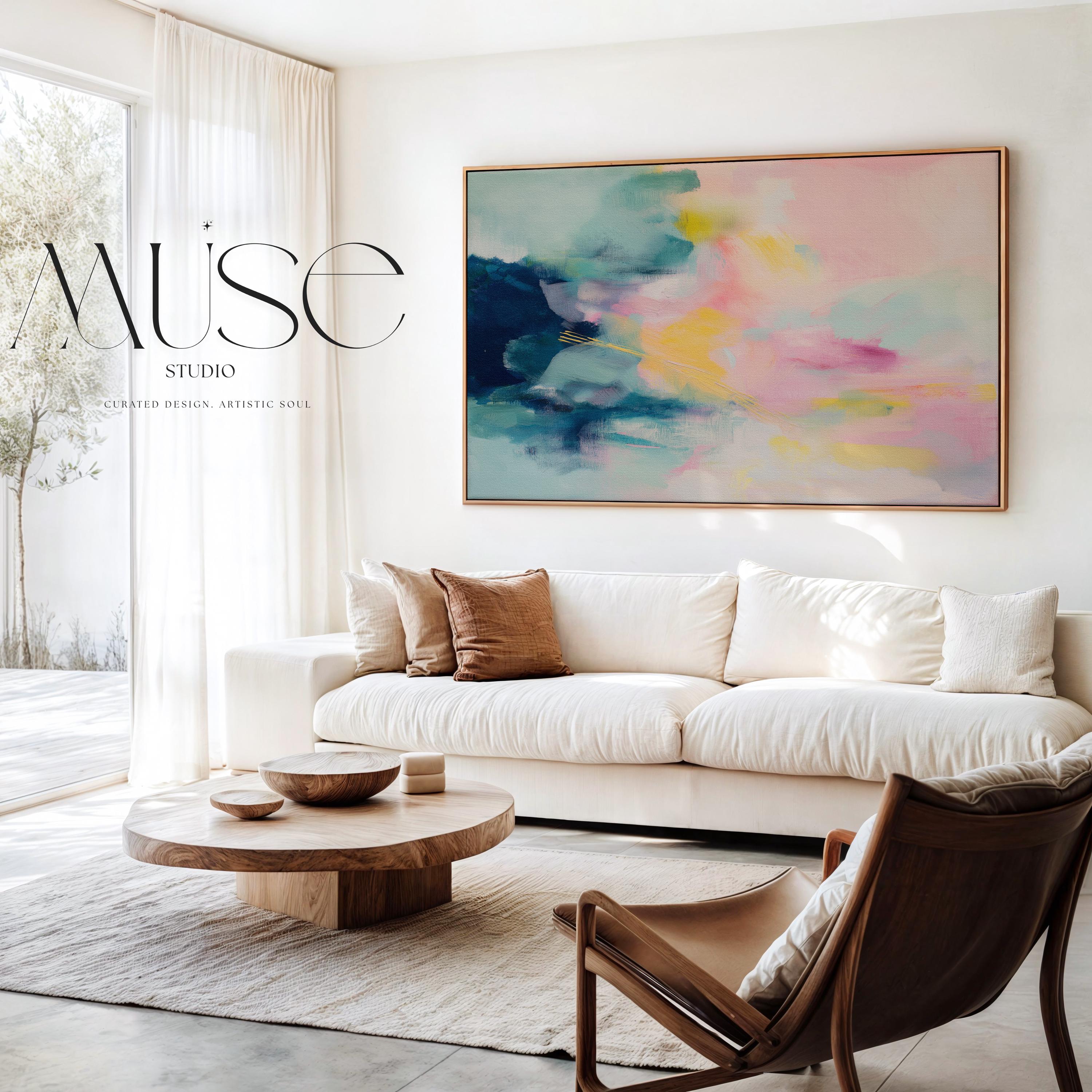 Muse Studio framed horizontal abstract wall art in blush pink, soft teal, aqua, and butter yellow with painterly texture, printed on premium gallery-wrapped artist canvas using museum-grade giclée inks, styled for bedrooms, living rooms, or romantic contemporary interiors