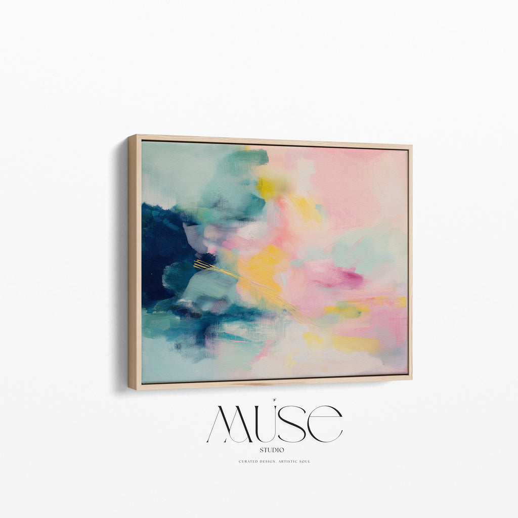 Muse Studio framed horizontal abstract wall art in blush pink, soft teal, aqua, and butter yellow with painterly texture, printed on premium gallery-wrapped artist canvas using museum-grade giclée inks, styled for bedrooms, living rooms, or romantic contemporary interiors
