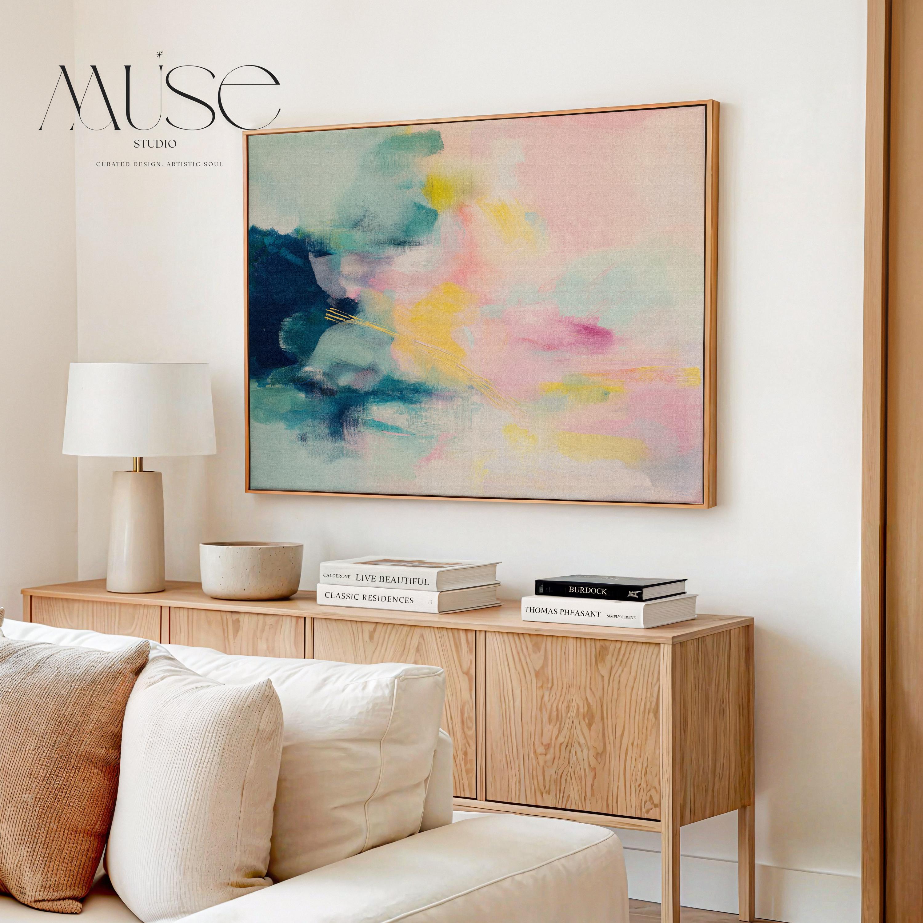 Muse Studio framed horizontal abstract wall art in blush pink, soft teal, aqua, and butter yellow with painterly texture, printed on premium gallery-wrapped artist canvas using museum-grade giclée inks, styled for bedrooms, living rooms, or romantic contemporary interiors