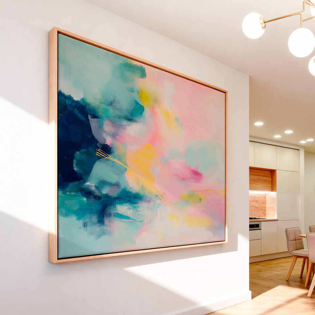 Muse Studio framed horizontal abstract wall art in blush pink, soft teal, aqua, and butter yellow with painterly texture, printed on premium gallery-wrapped artist canvas using museum-grade giclée inks, styled for bedrooms, living rooms, or romantic contemporary interiors