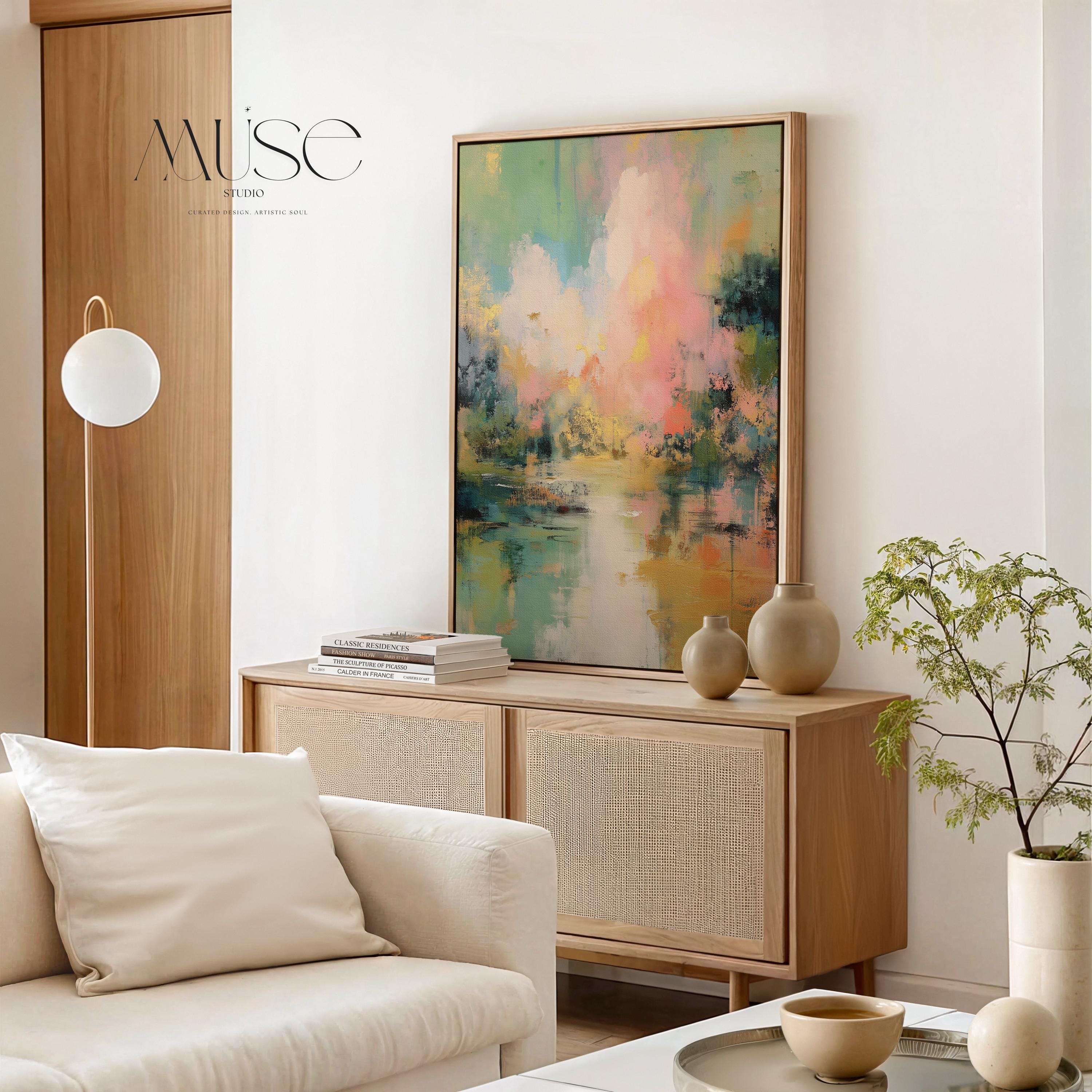 vertical abstract wall art titled “Pink Cloud,” featuring layers of blush, rose, and ivory in a soft contemporary style. Ideal for bedroom, nursery, or serene living spaces. Available as framed or gallery canvas wall art by Muse Studio.