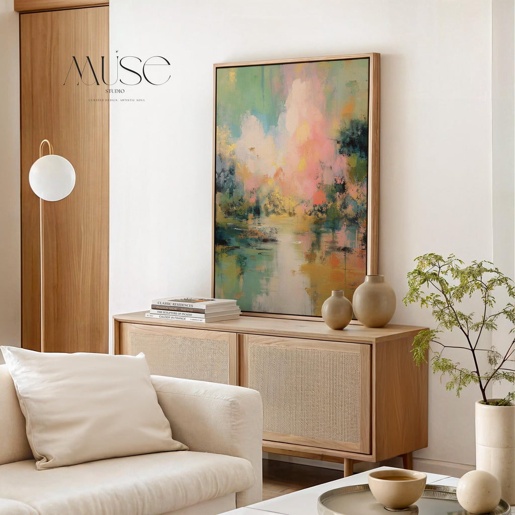 vertical abstract wall art titled “Pink Cloud,” featuring layers of blush, rose, and ivory in a soft contemporary style. Ideal for bedroom, nursery, or serene living spaces. Available as framed or gallery canvas wall art by Muse Studio.