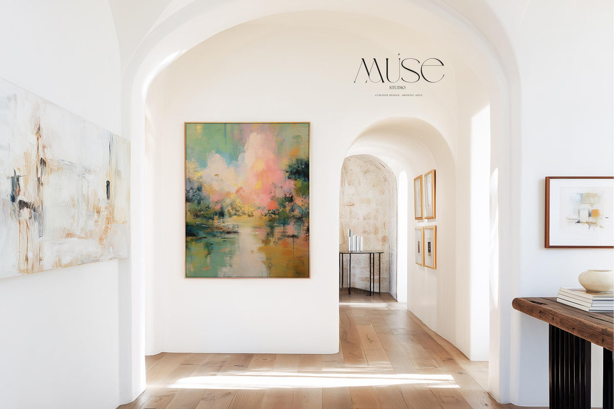 Vertical abstract canvas in peach, mint green, teal, and soft golden tones with luminous blended texture; ideal for living rooms, modern coastal homes, or warm minimalist interiors; gallery-wrapped canvas by Muse Studio